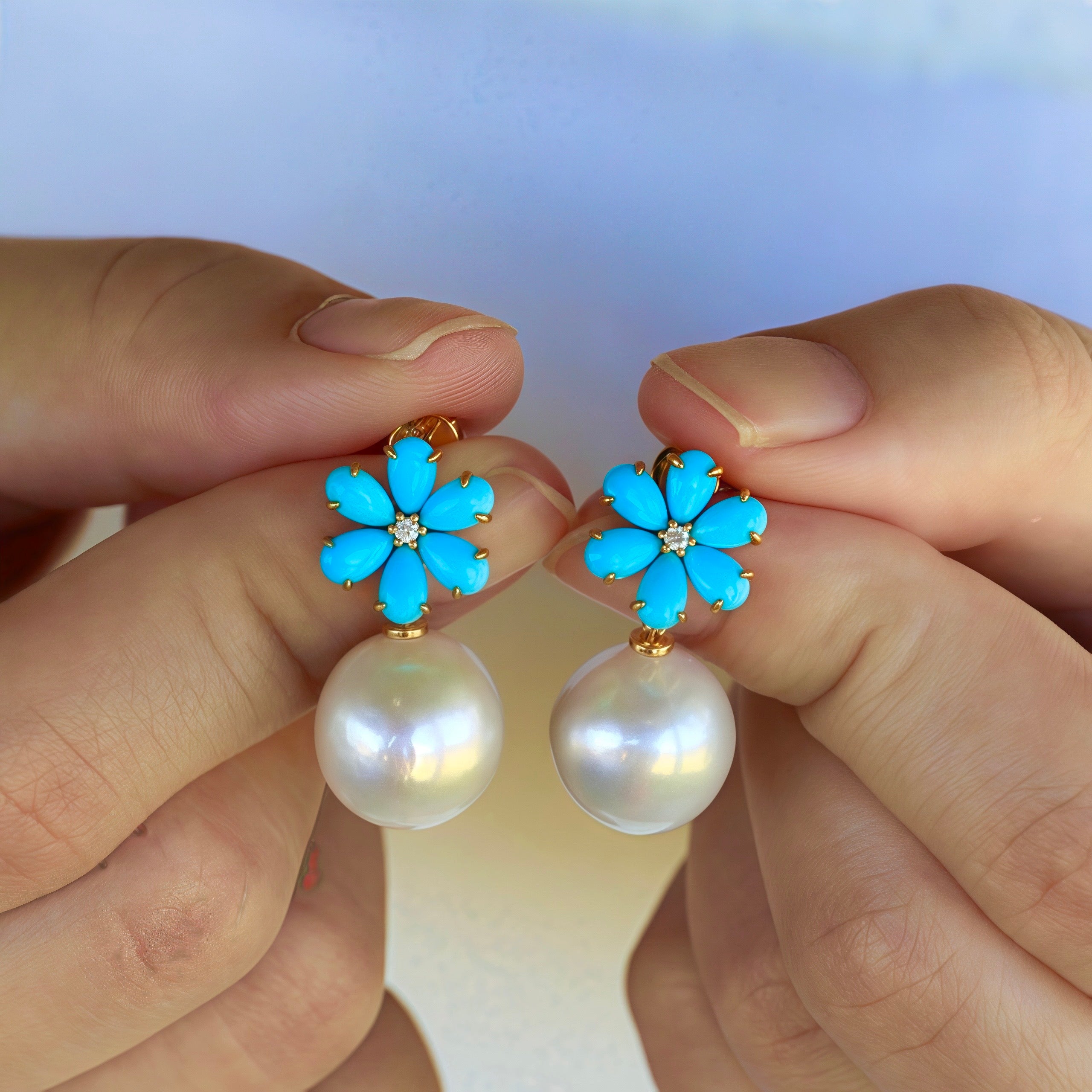 Flora Blossom Turquoise Diamond Pearl Convertible Drop Earrings