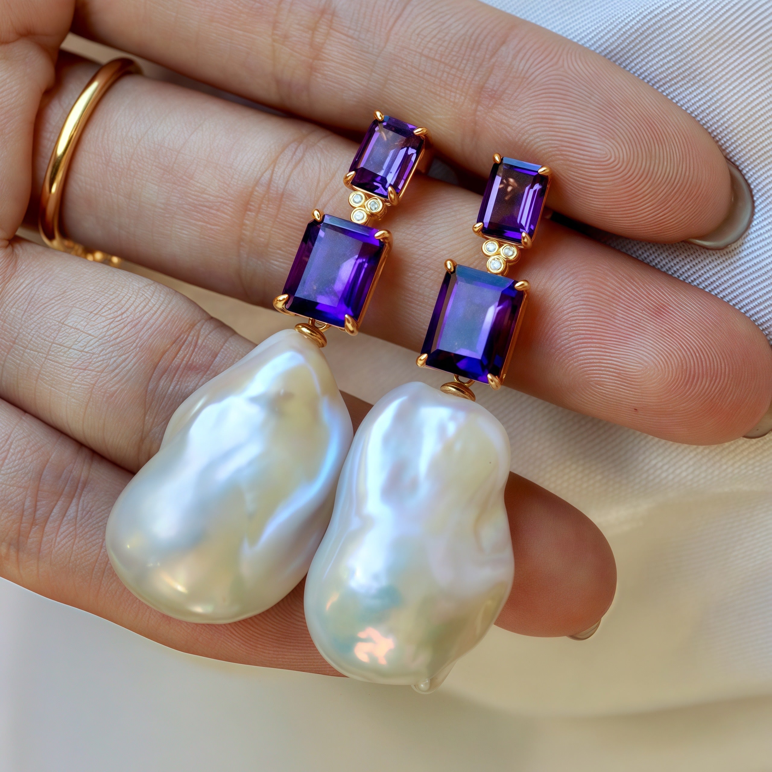Divina Emerald-Cut Amethyst Diamond Baroque Pearl Convertible Drop Earrings