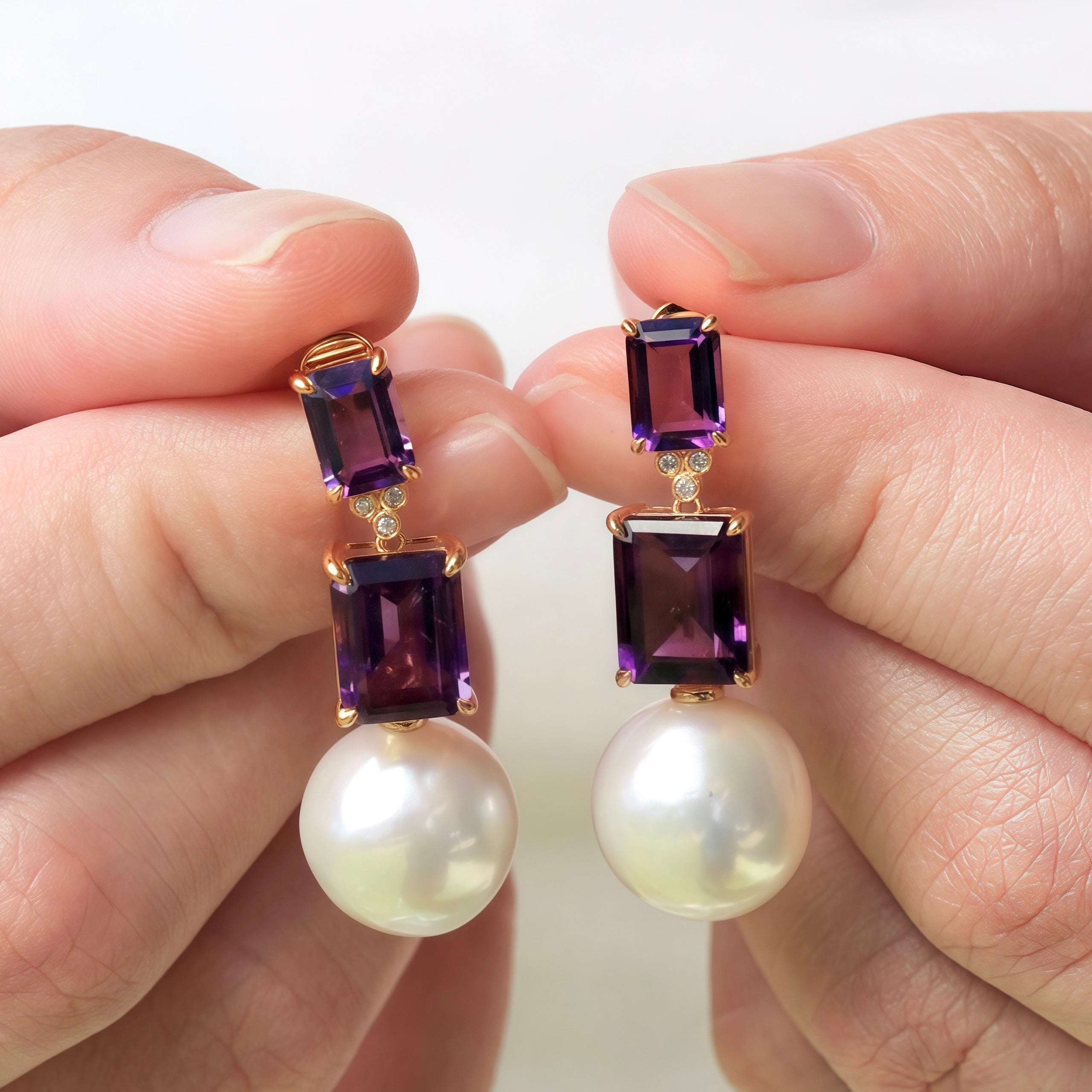 Divina Emerald-Cut Amethyst Diamond Pearl Convertible Drop Earrings