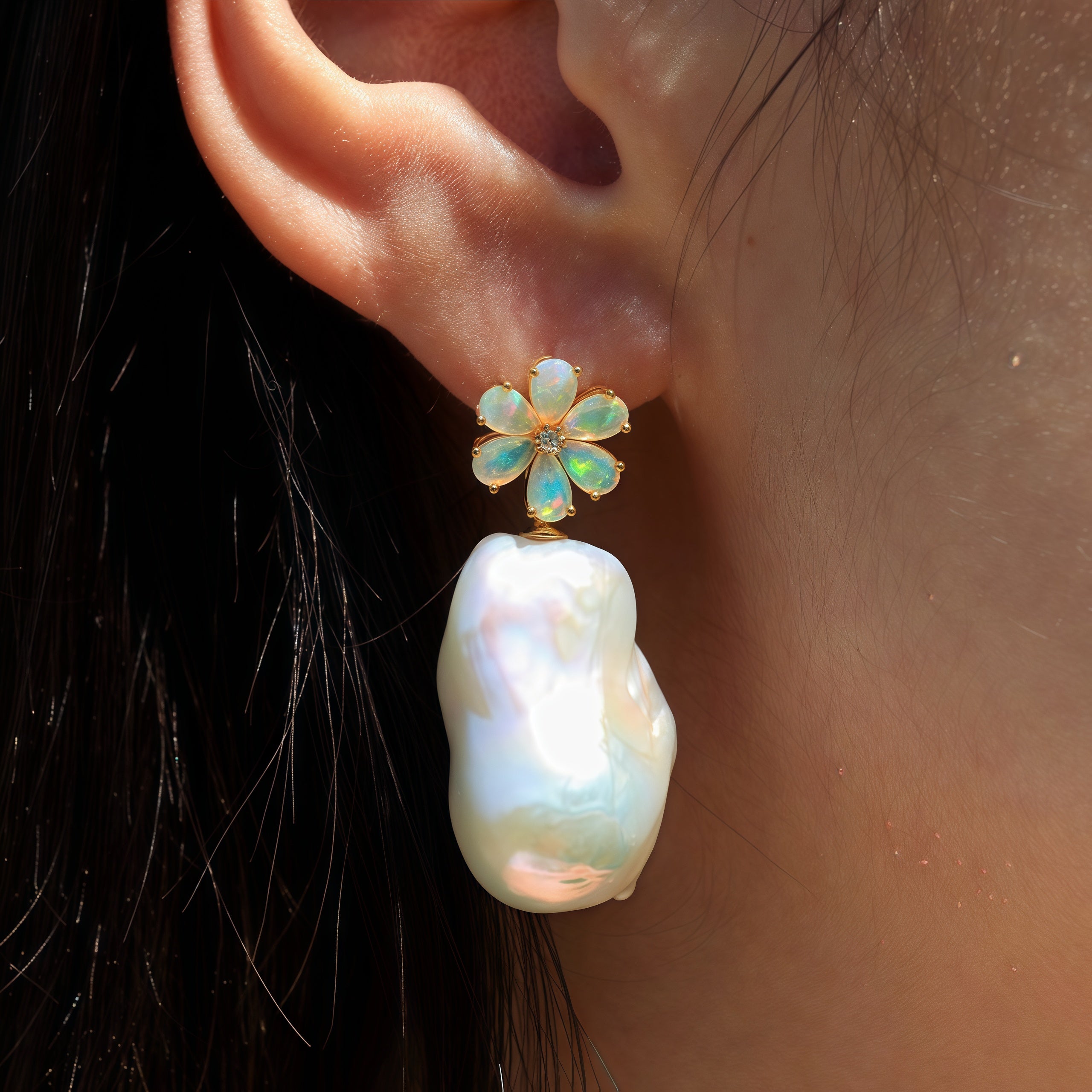 Flora Blossom Opal Diamond Baroque Pearl Convertible Drop Earrings