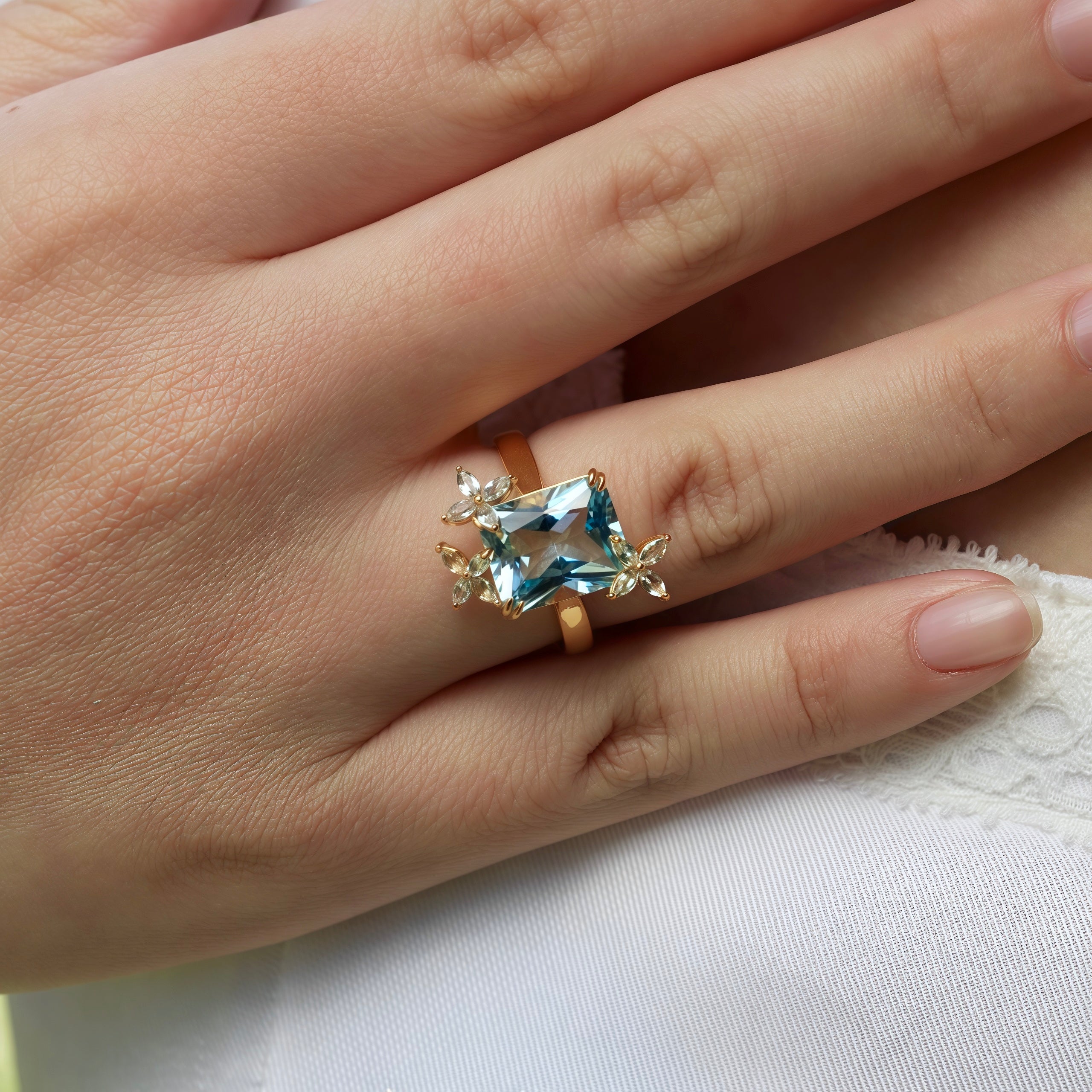 14k yellow gold blue topaz white sapphire ring