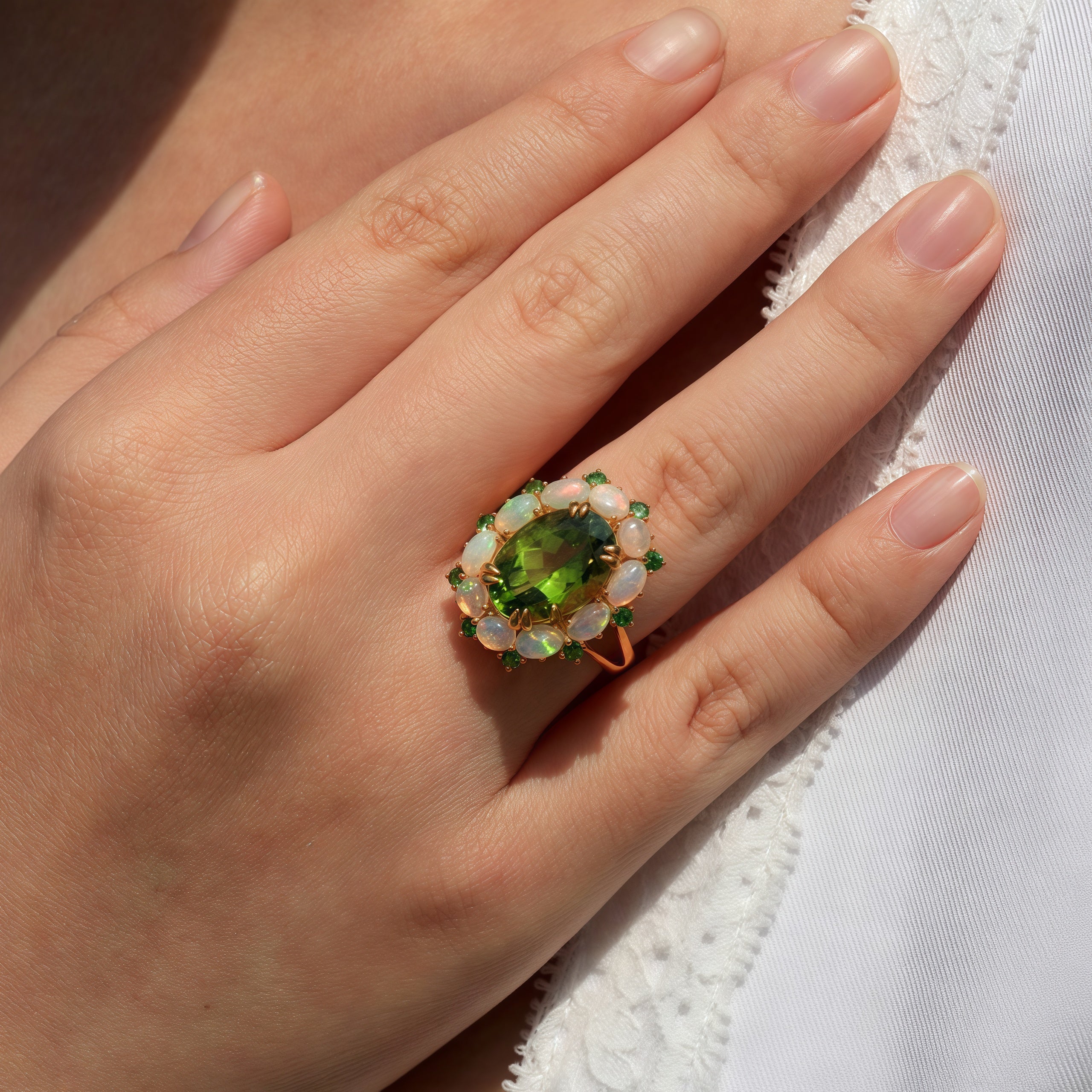 (SOLD) Mira Peridot Opal Tsavorite Cocktail Ring (One-of-a-Kind)