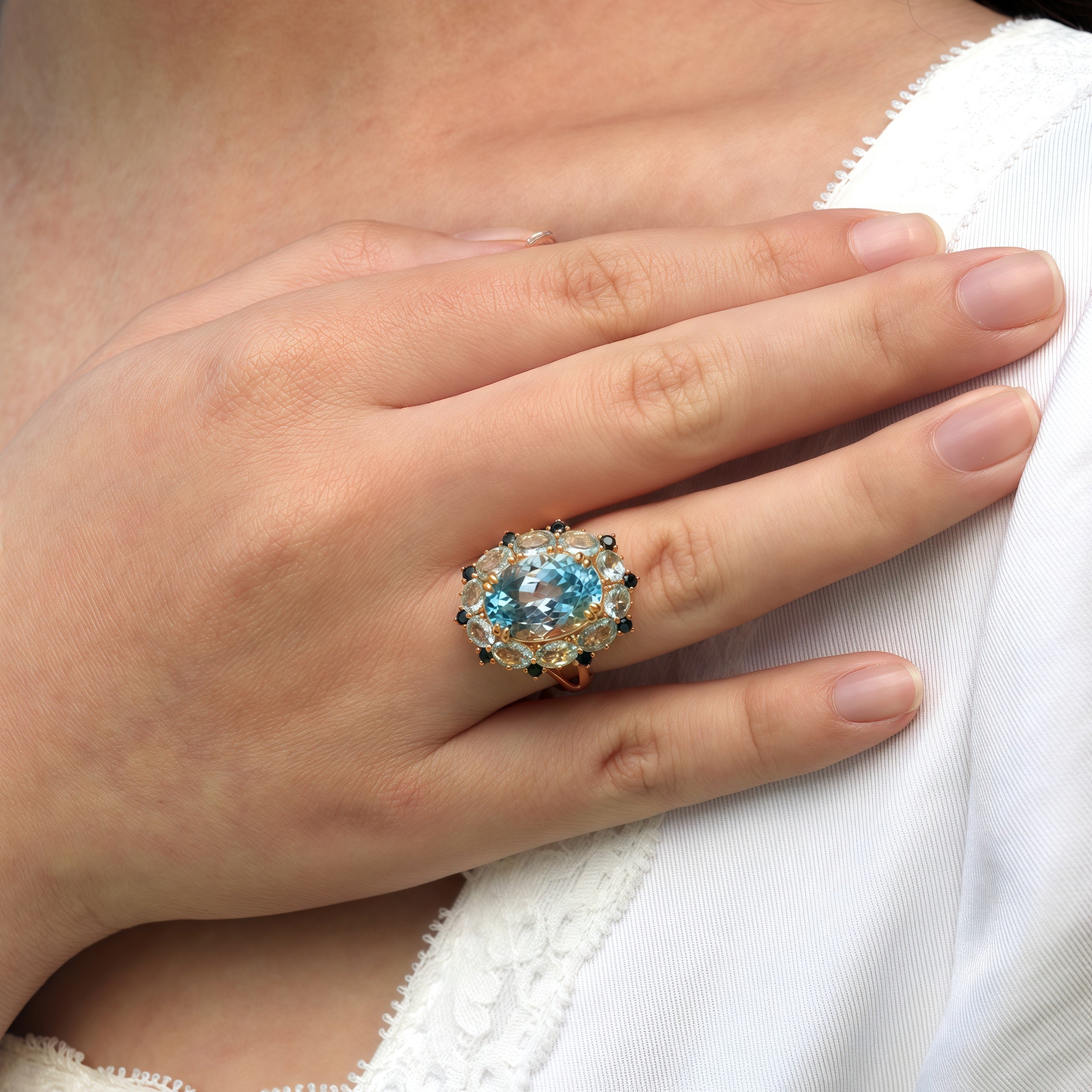 Mira Blue Topaz Aquamarine Sapphire Cluster Ring