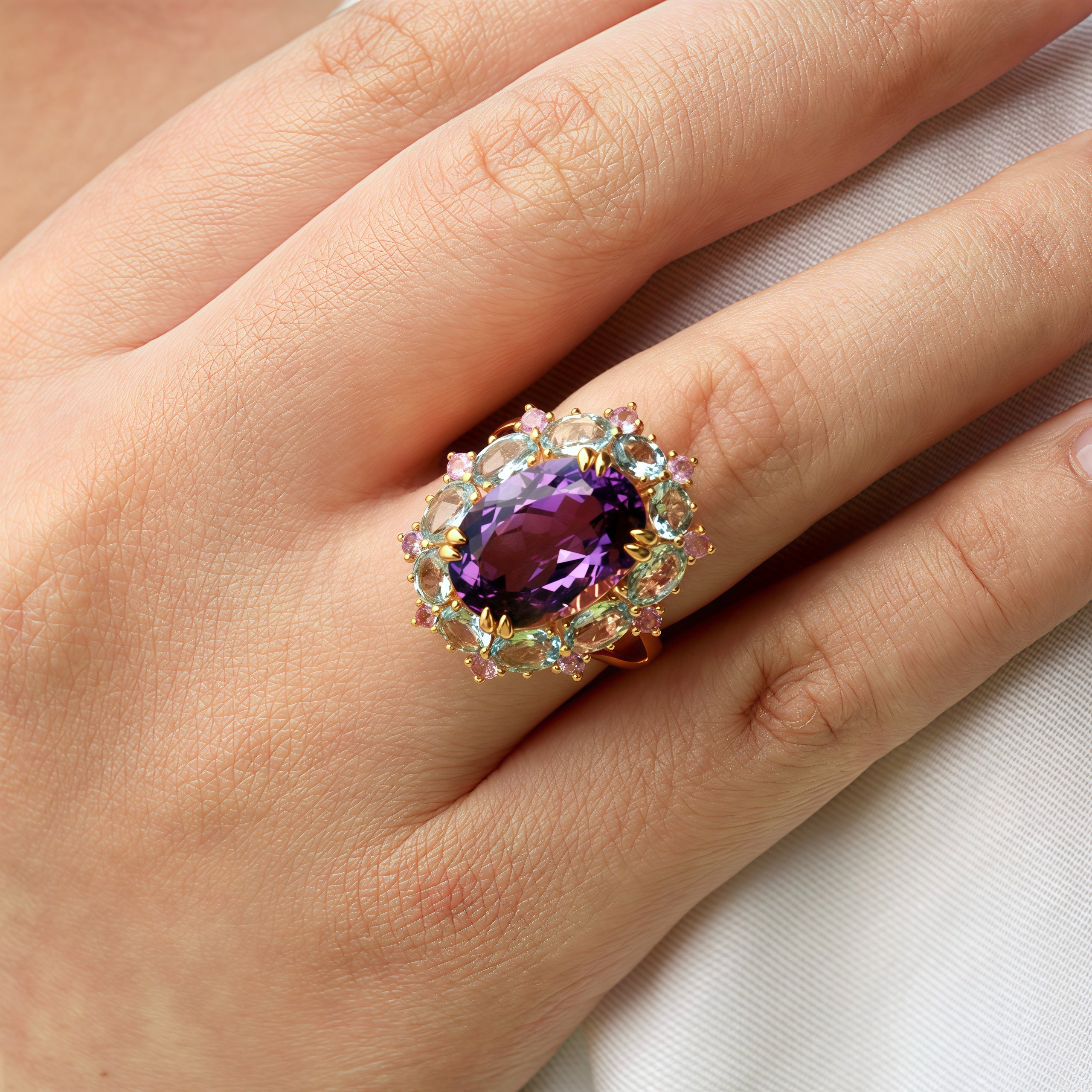 Mira Amethyst Aquamarine Pink Sapphire Cocktail Ring