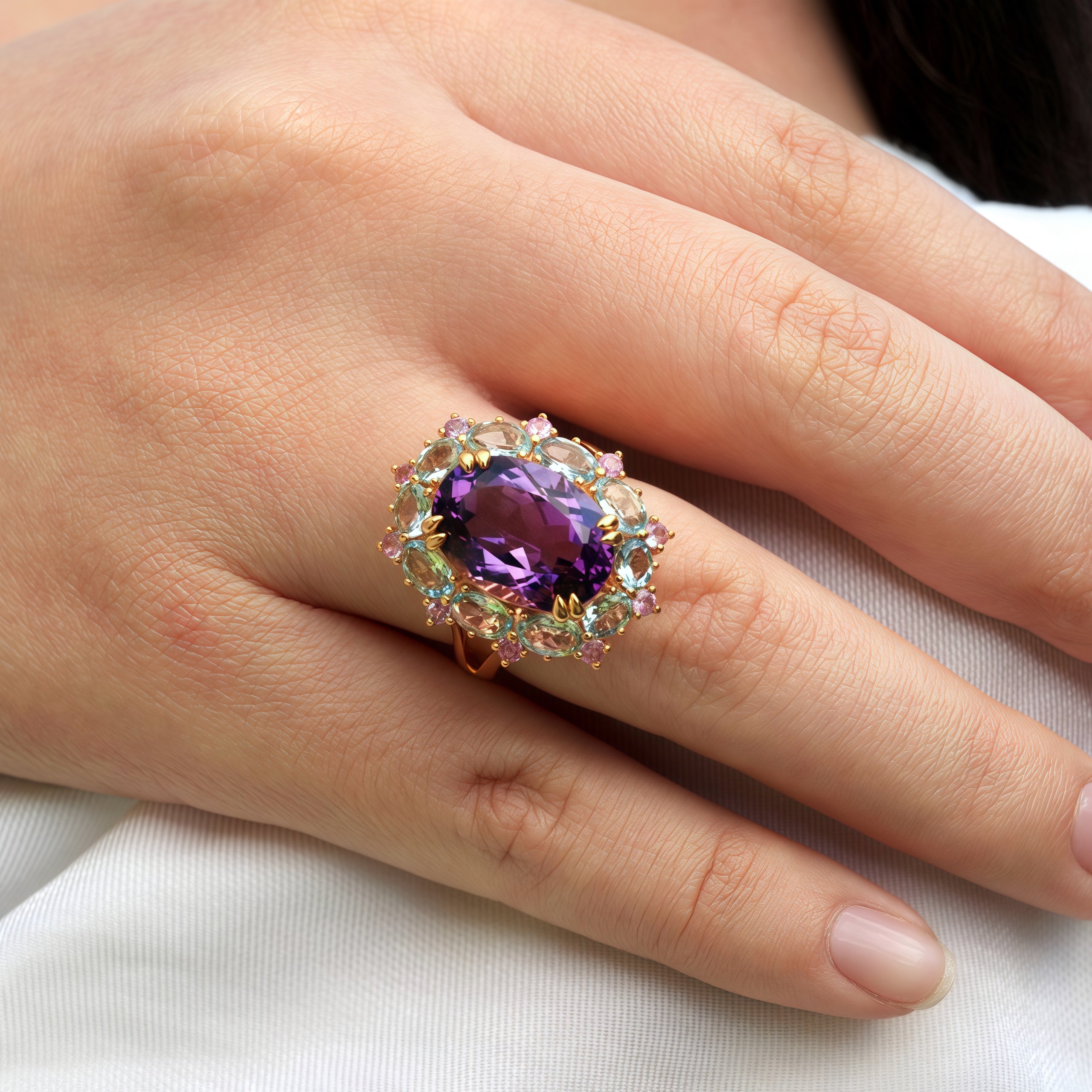 Mira Amethyst Aquamarine Pink Sapphire Cocktail Ring