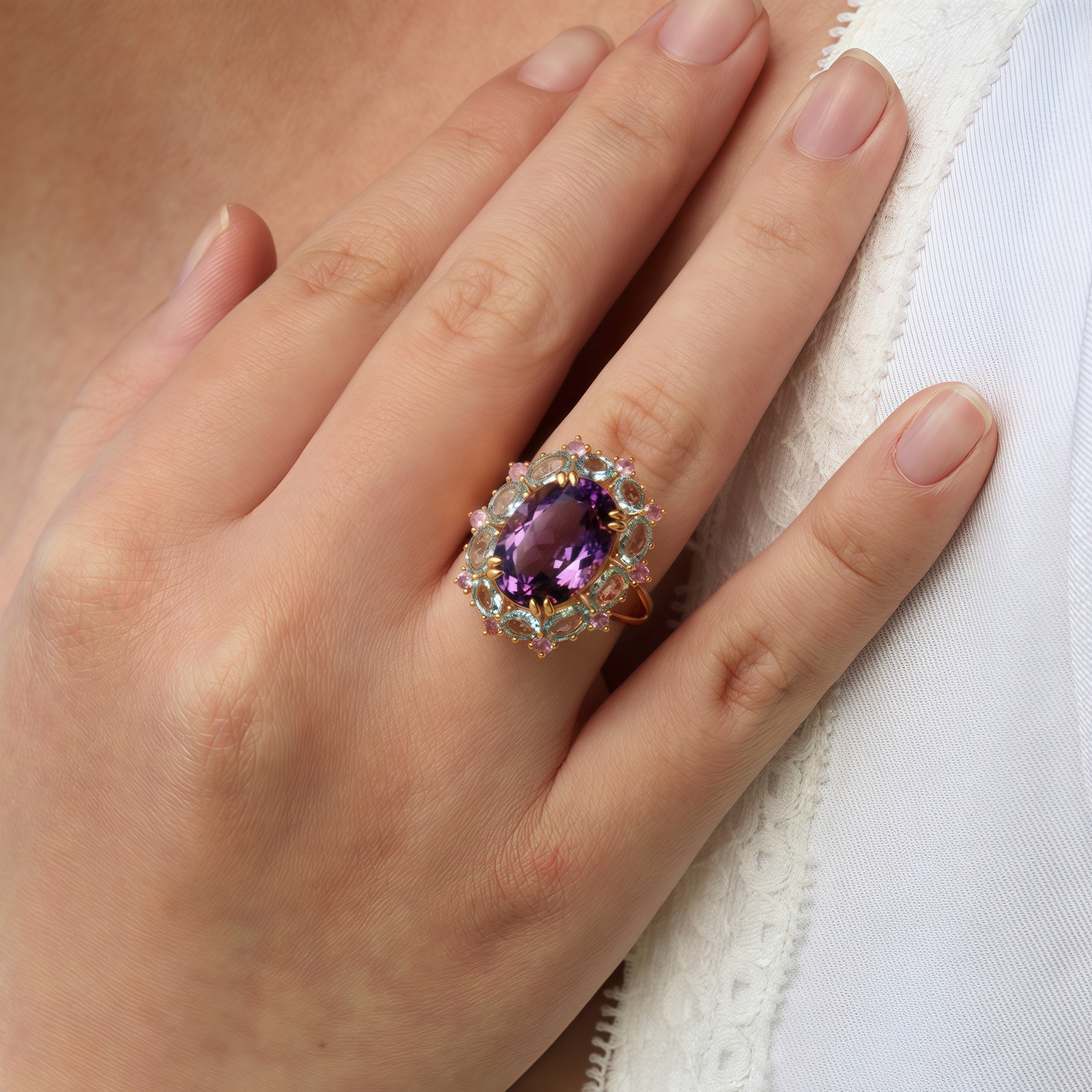 Mira Amethyst Aquamarine Pink Sapphire Cocktail Ring