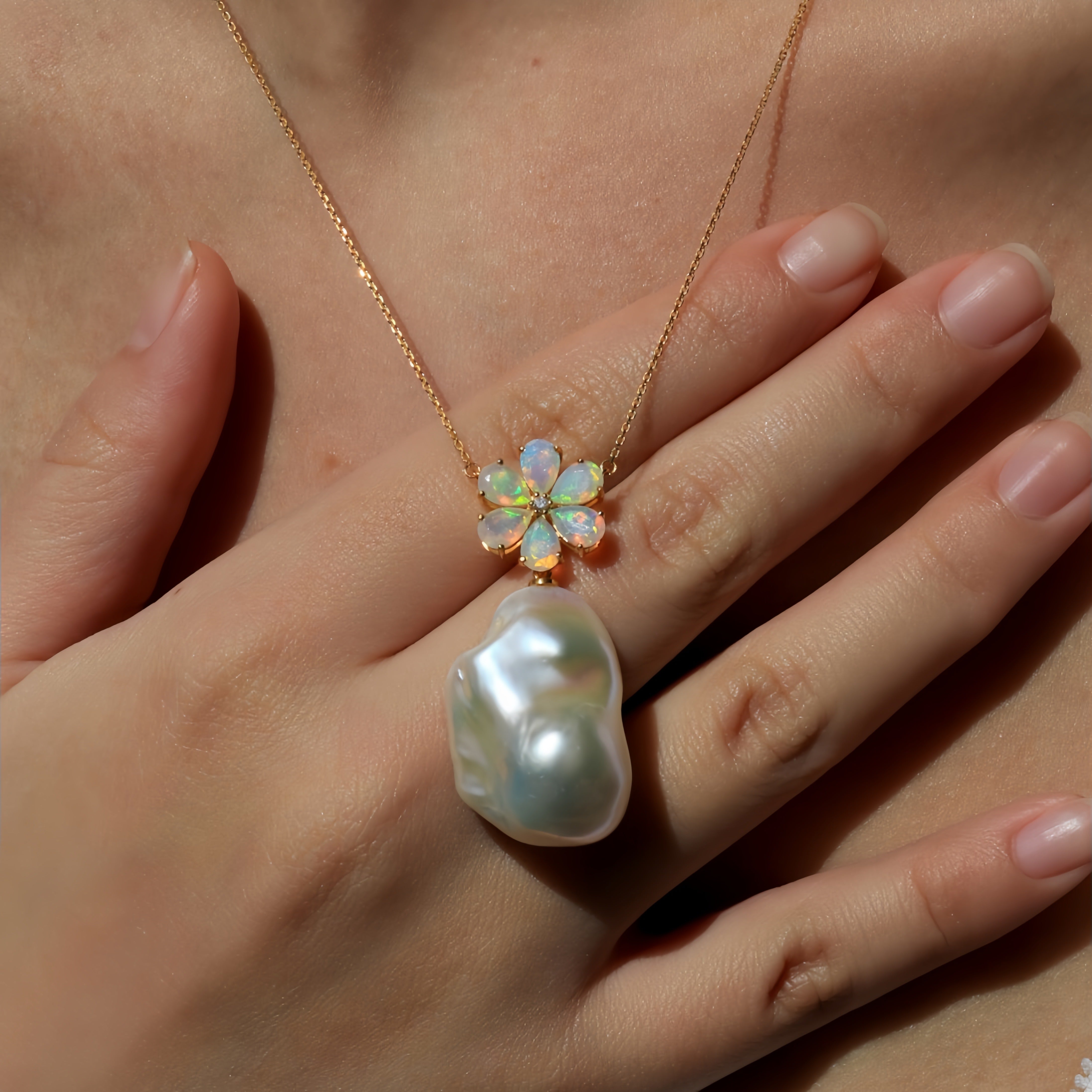 Flora Blossom Opal Diamond Baroque pearl Convertible Necklace