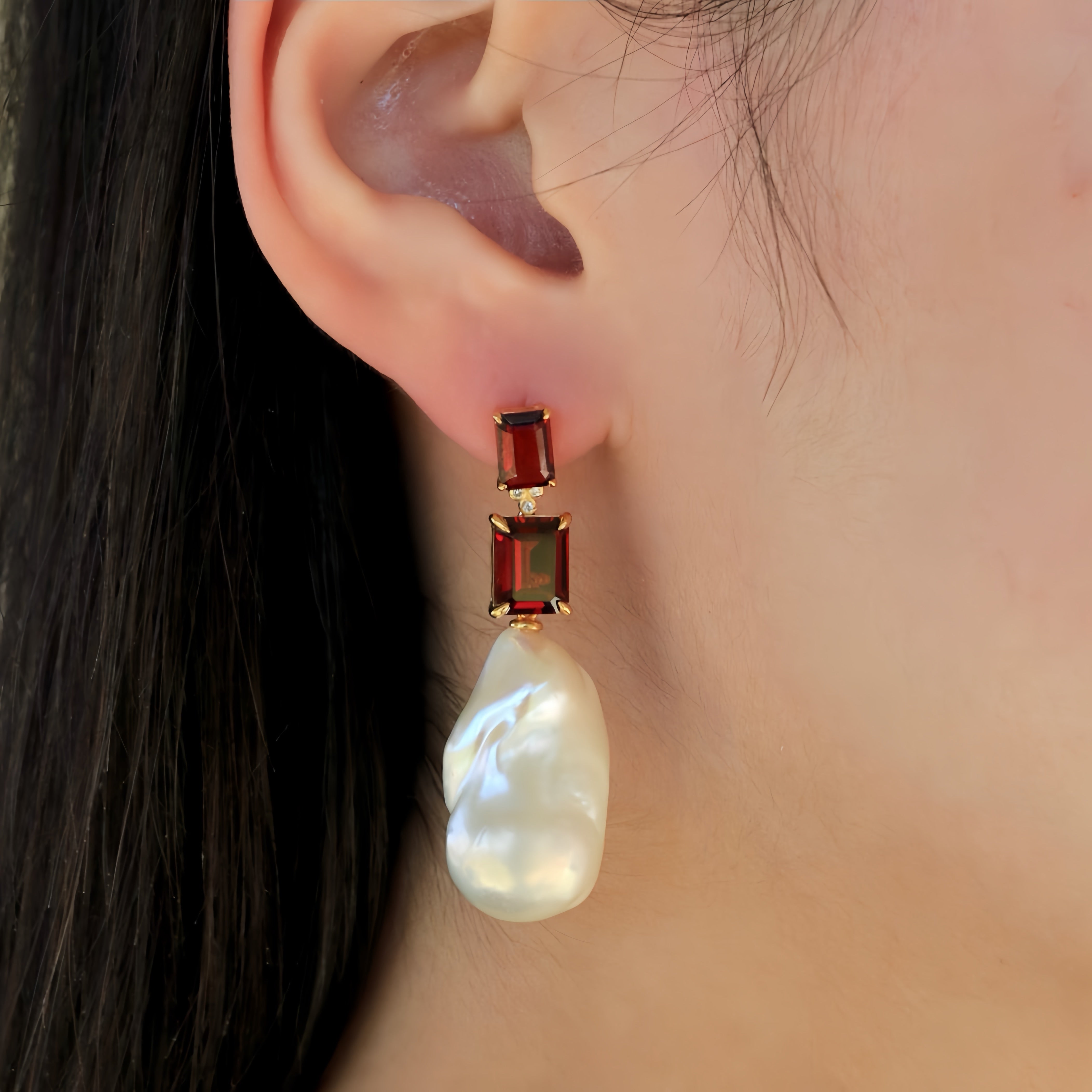 Divina Emerald-Cut Garnet Diamond Baroque Pearl Convertible Drop Earrings