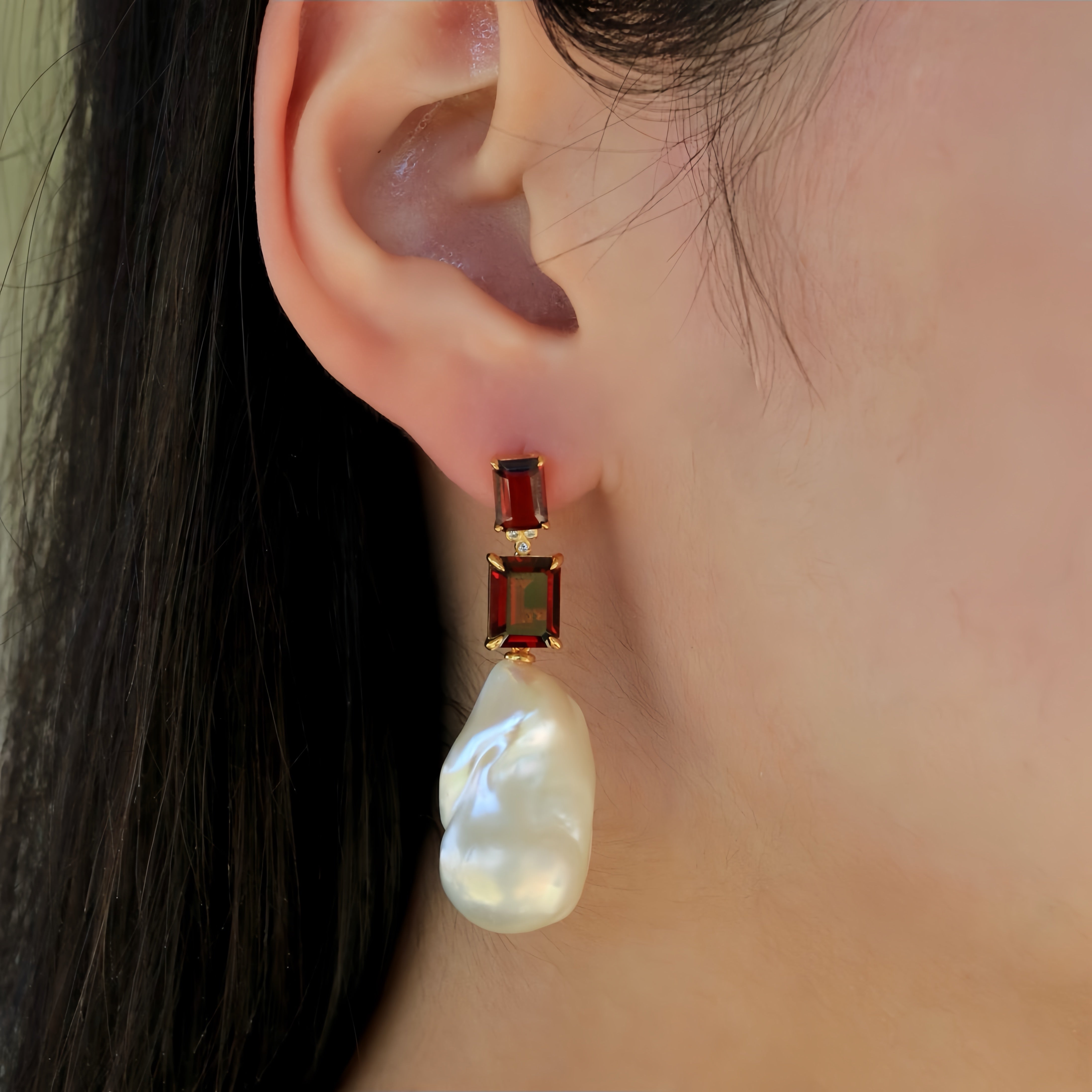 Divina Emerald-Cut Garnet Diamond Baroque Pearl Convertible Drop Earrings