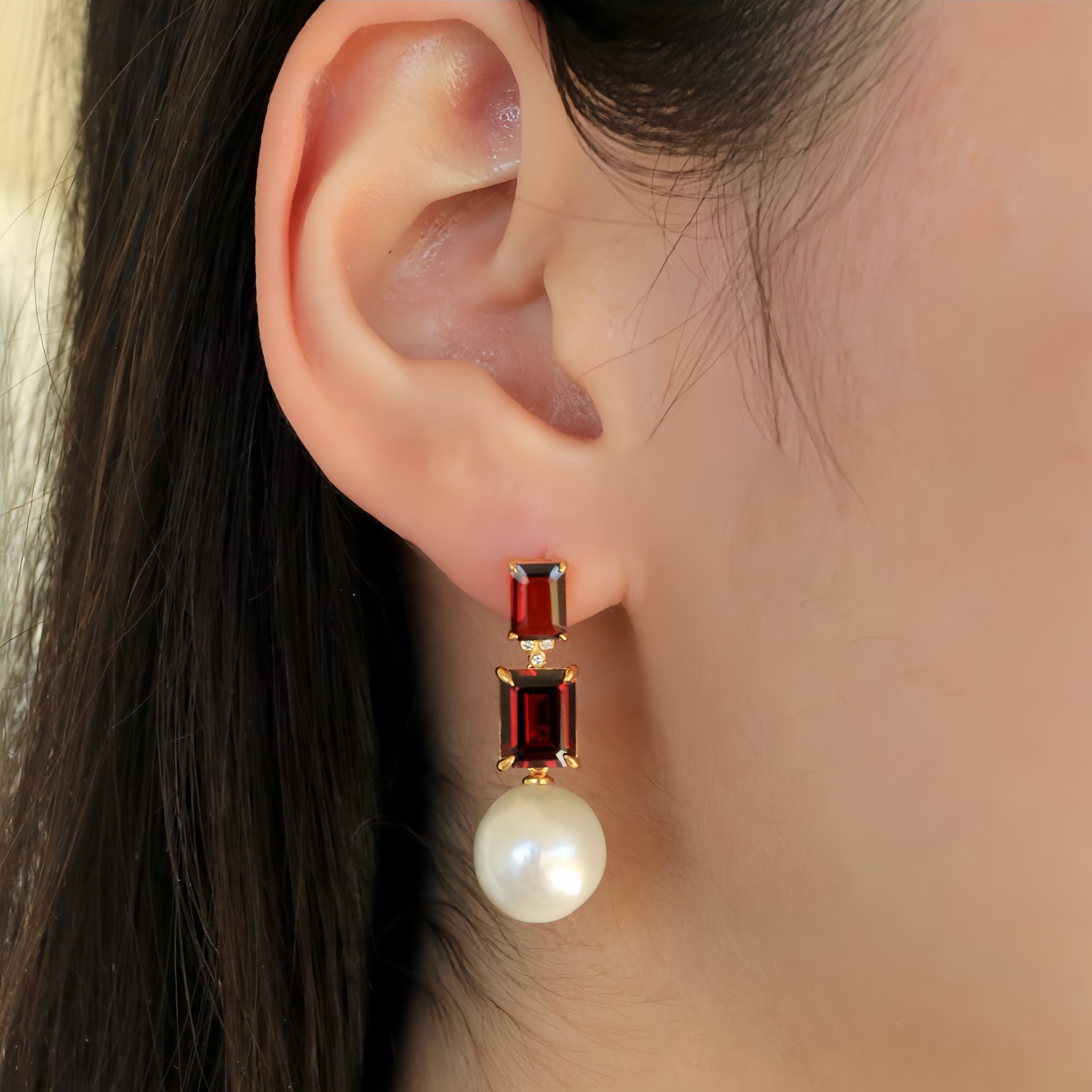 Divina Emerald-Cut Garnet Diamond Convertible Pearl Drop Earrings