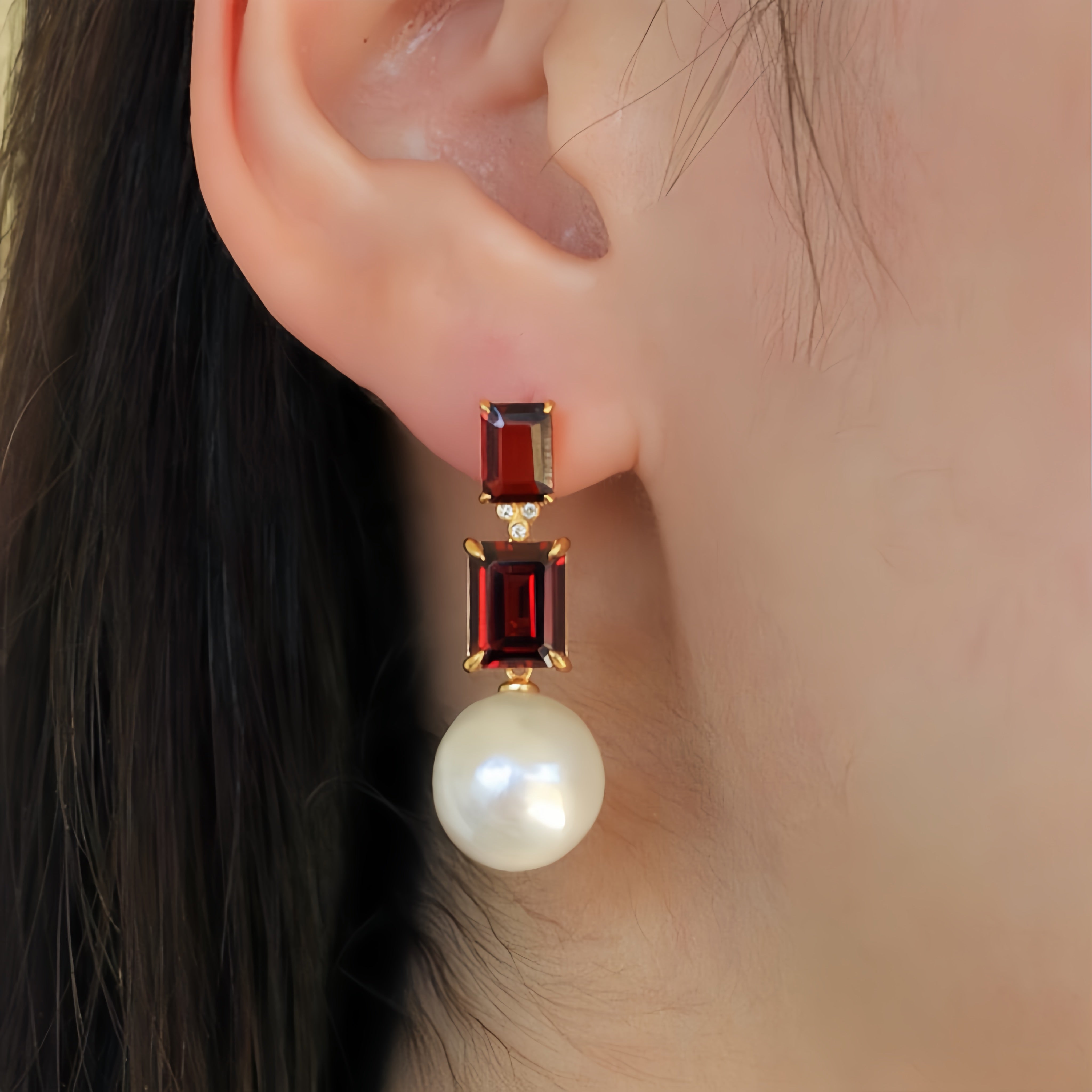 Divina Emerald-Cut Garnet Diamond Convertible Pearl Drop Earrings