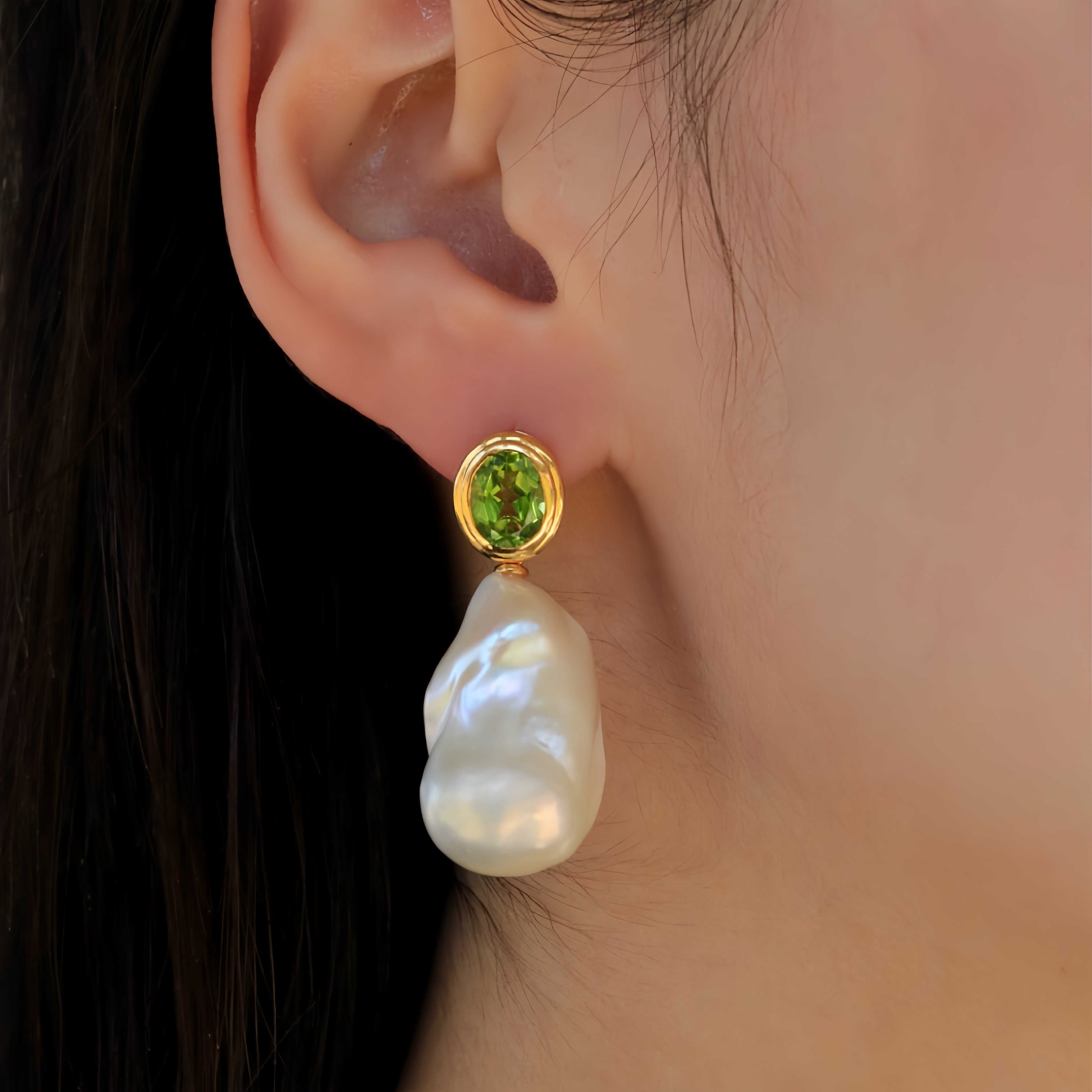 Bella Oval Peridot Baroque Pearl Convertible Drop Earrings