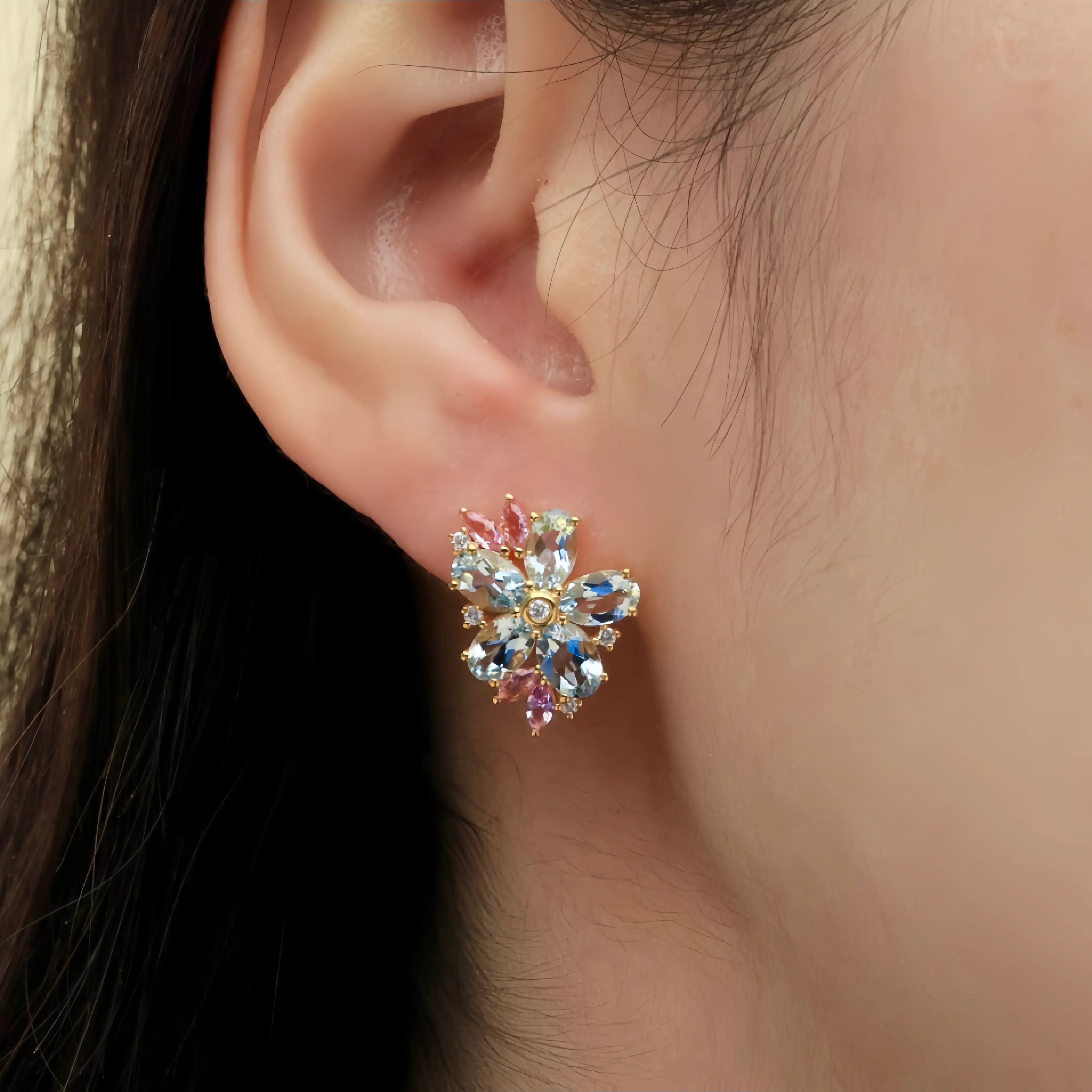 Nina Zhou x Kai 14k gold natural Aquamarine Pink Sapphire Diamond Blossom Earrings