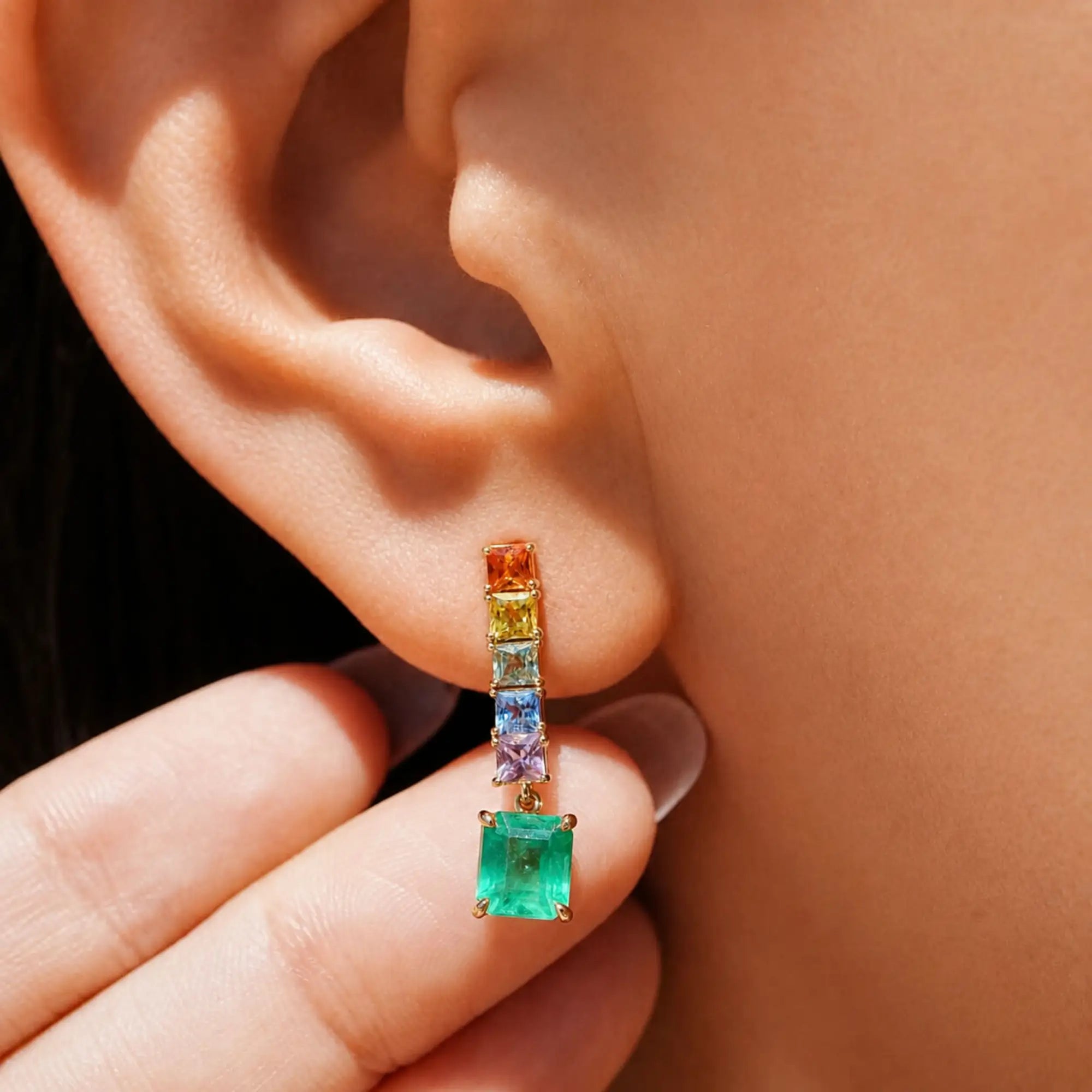 14k gold Garden Melody 3.56 ctw Natural Emerald & Sapphire Drop Earrings (One-of-a-Kind)