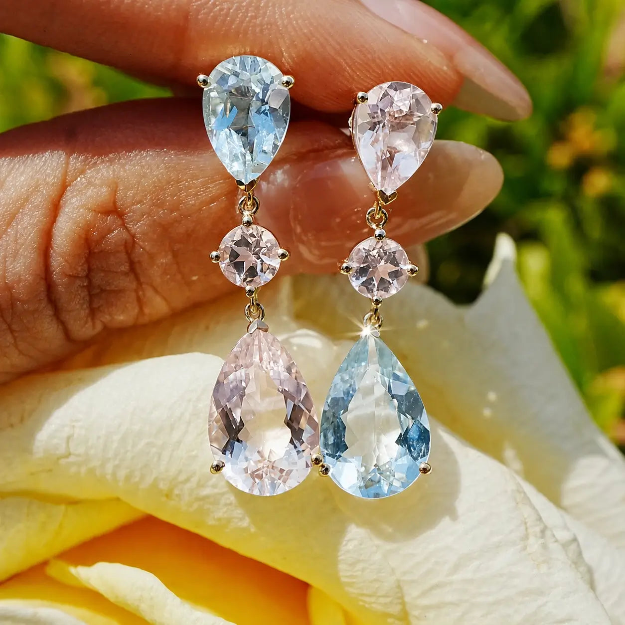Garden Melody 7.88 ctw Natural Aquamarine & Pink Morganite Drop Earrings in 14k yellow gold (One-of-a-Kind)