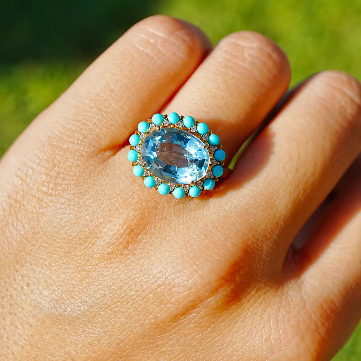 14k yellow gold Belle Halo 3.79 ctw Natural Aquamarine, Turquoise & Diamond East-West Ring (One-of-a-Kind)