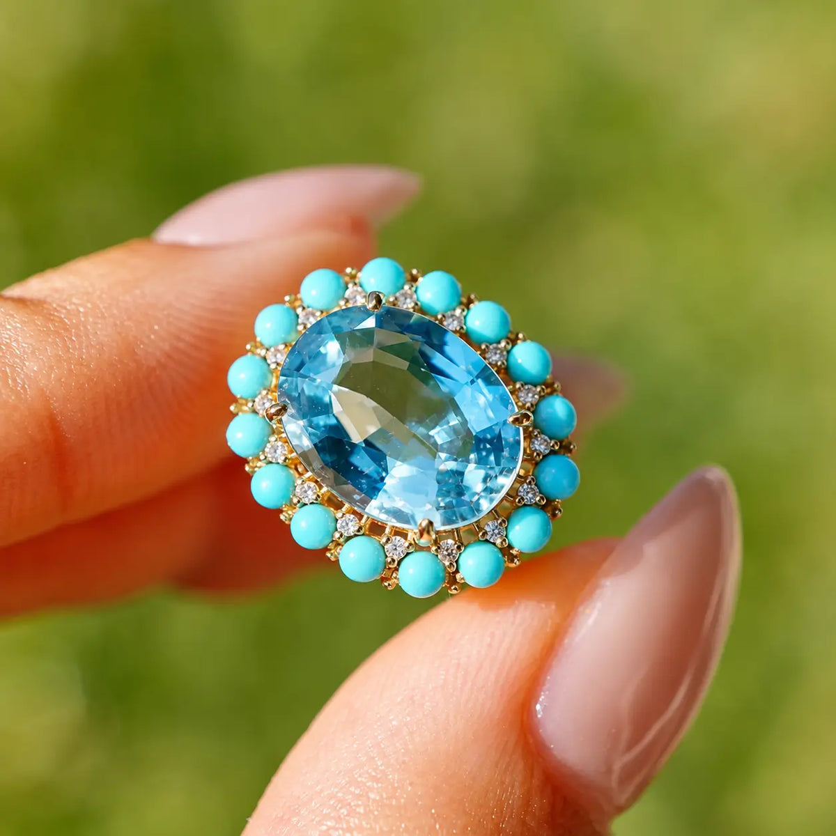 Belle Halo 3.79 ctw Natural Aquamarine, Turquoise & Diamond East-West Ring (One-of-a-Kind)