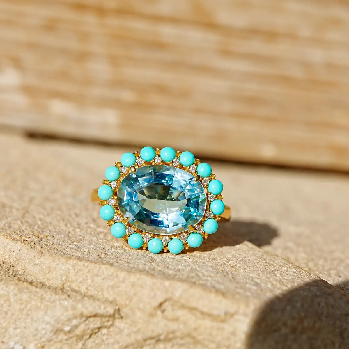 Belle Halo 3.79 ctw Natural Aquamarine, Turquoise & Diamond East-West Ring (One-of-a-Kind)