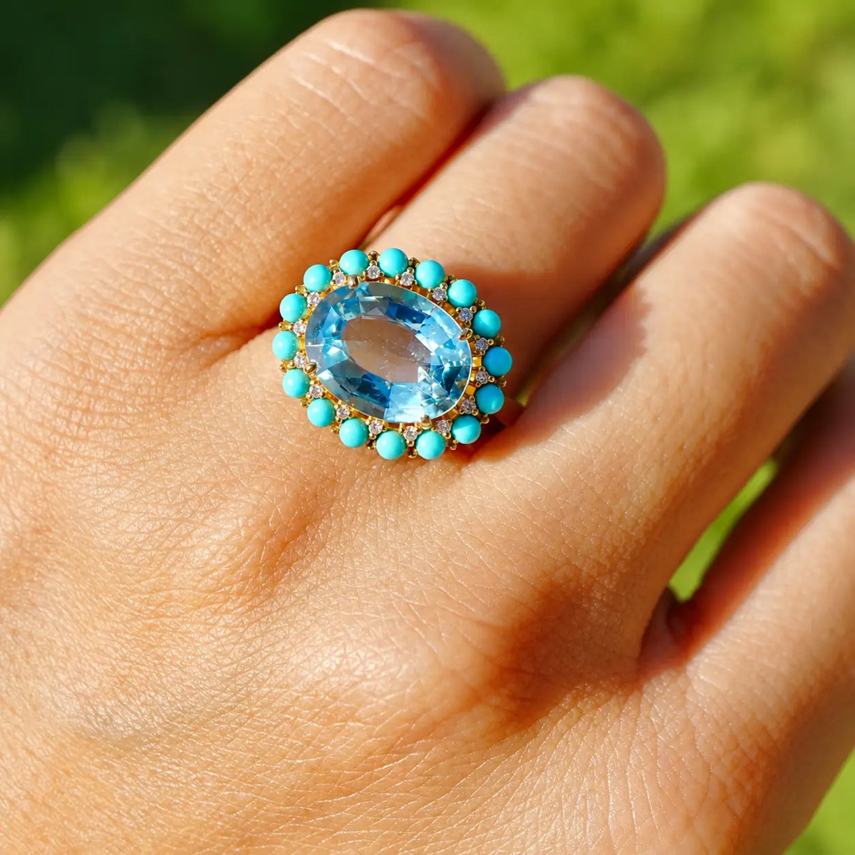 Belle Halo 3.79 ctw Natural Aquamarine, Turquoise & Diamond East-West Ring (One-of-a-Kind)