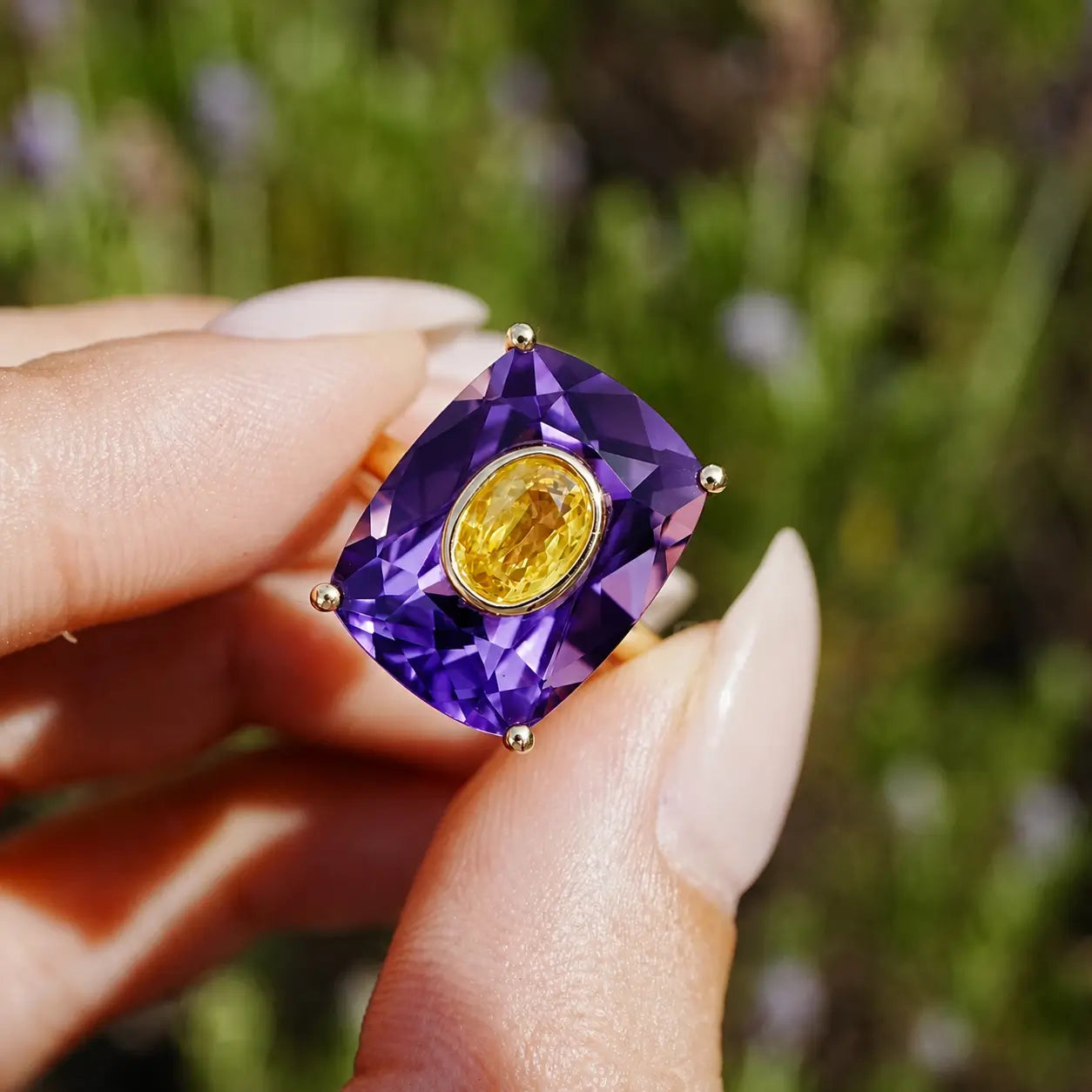 14k yellow gold Inner Light 10.90 ctw Natural Amethyst & Yellow Sapphire Ring (One-of-a-Kind)