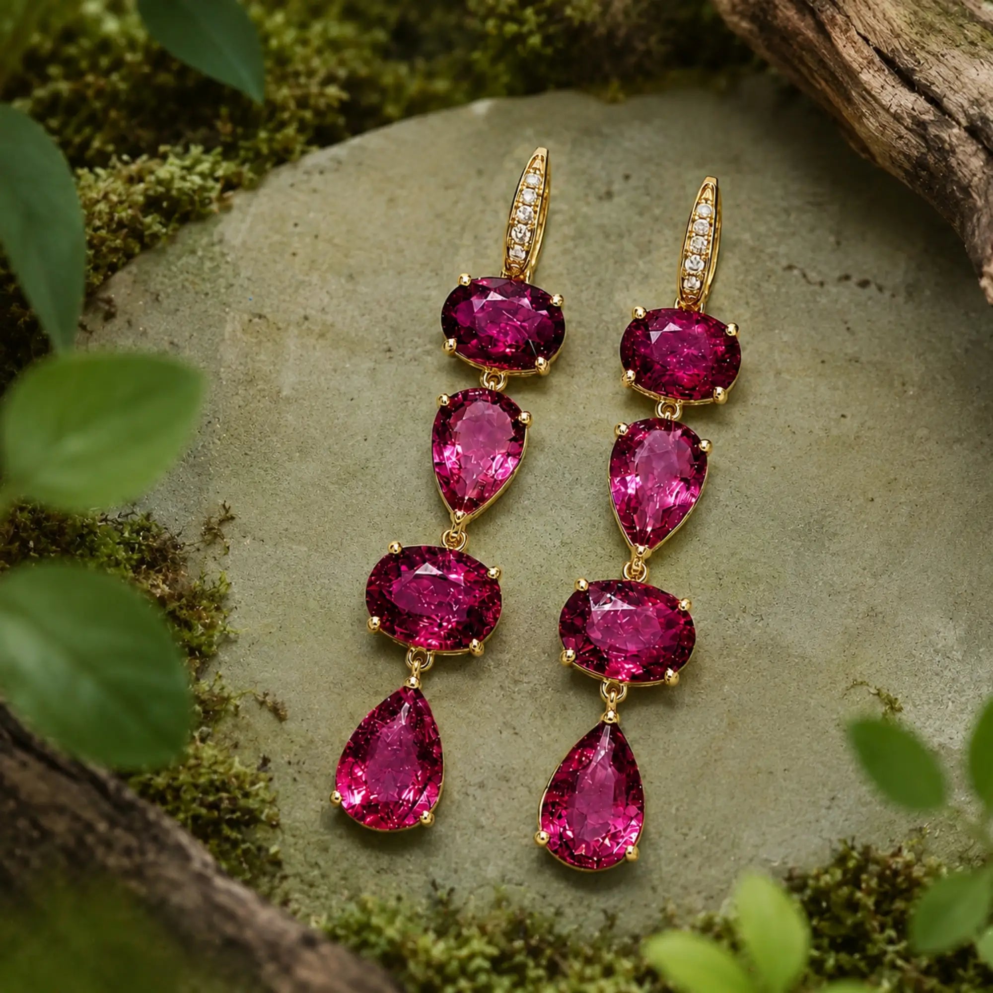 14k yellow gold Garden Melody 8.18 ctw Natural Rubellite & Diamond Drop Earrings (One-of-a-Kind)