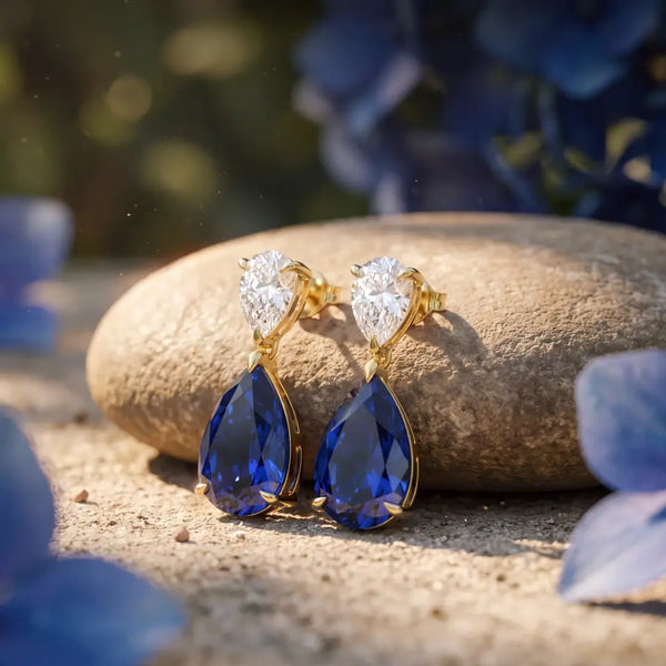 Duet Pear 8.00ctw Lab Grown Diamond & Sapphire Drop Earrings in 14k yellow gold