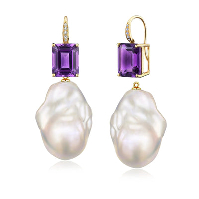 Radiant Natural Emerald-Cut Amethyst Diamond Baroque Pearl Convertible Drop Earrings in 14k yellow gold