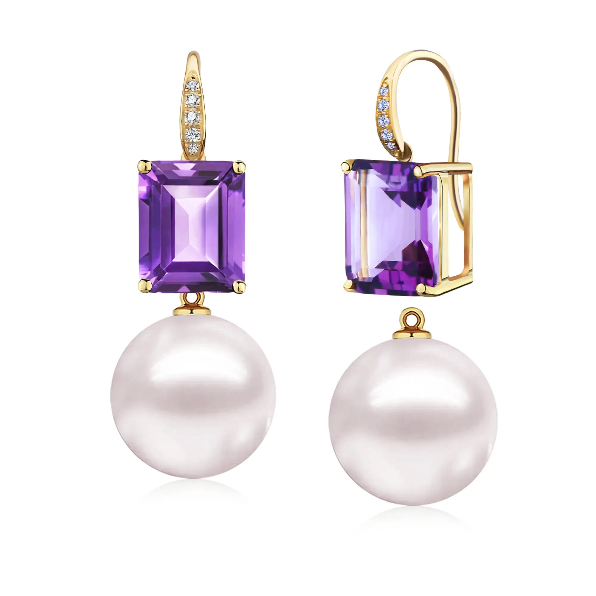 Radiant Emerald-Cut Amethyst Diamond Cultured Pearl Convertible Drop Earrings