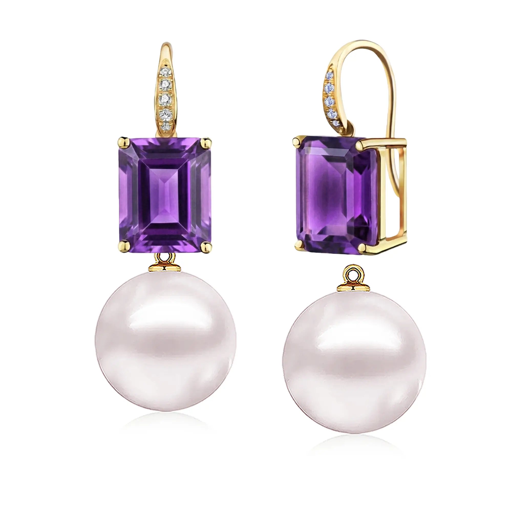 Radiant Emerald-Cut Natural Amethyst Diamond Pearl Convertible Drop Earrings in 14k gold