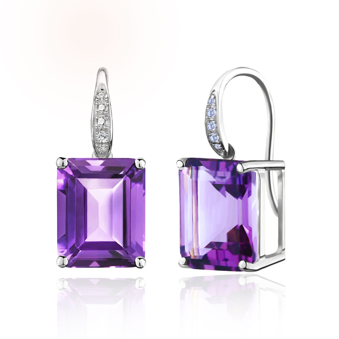 Radiant Emerald-Cut Amethyst Diamond Drop Earrings