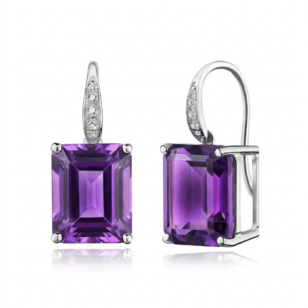 Radiant Emerald-Cut Amethyst Diamond Drop Earrings