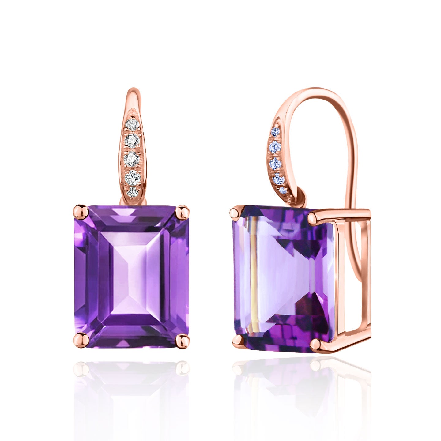 Radiant Emerald-Cut Amethyst Diamond Drop Earrings