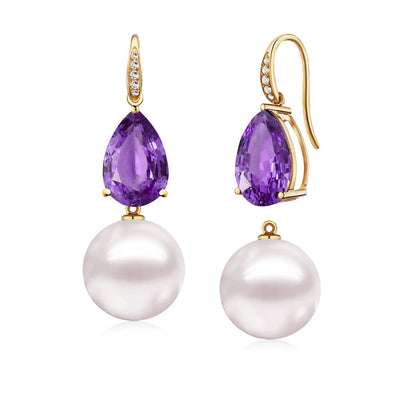 14k gold Radiant Natural Pear Amethyst Diamond & Cultured Pearl Convertible Drop Earrings