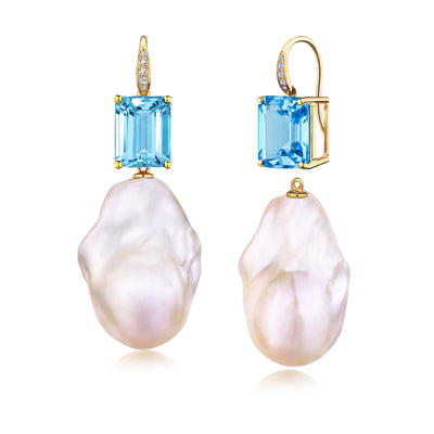 14k gold Radiant Natural Emerald-Cut Topaz Diamond Baroque Pearl Convertible Drop Earrings