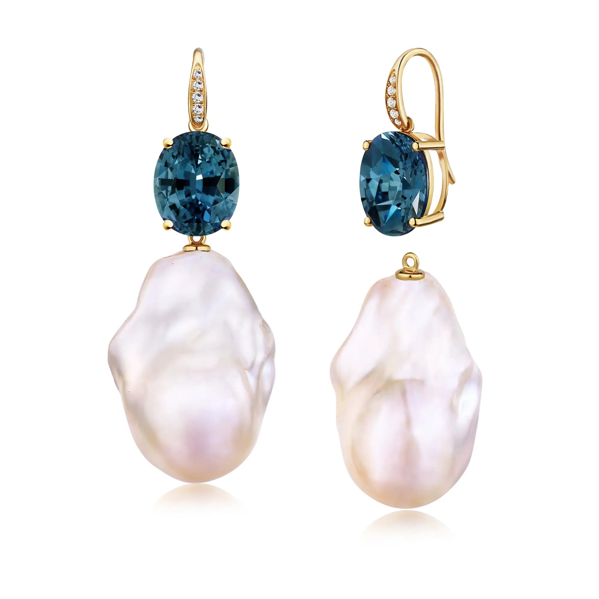 Radiant natural Oval London Blue Topaz Diamond Baroque Pearl Convertible Drop Earrings in 14k yellow gold