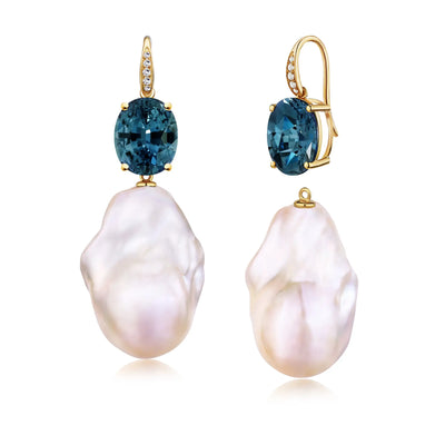 Radiant natural Oval London Blue Topaz Diamond Baroque Pearl Convertible Drop Earrings in 14k yellow gold