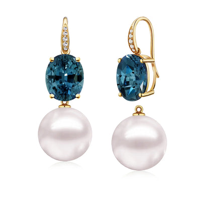 Radiant natural Oval London Blue Topaz Diamond Pearl Convertible Drop Earrings in 14k yellow gold