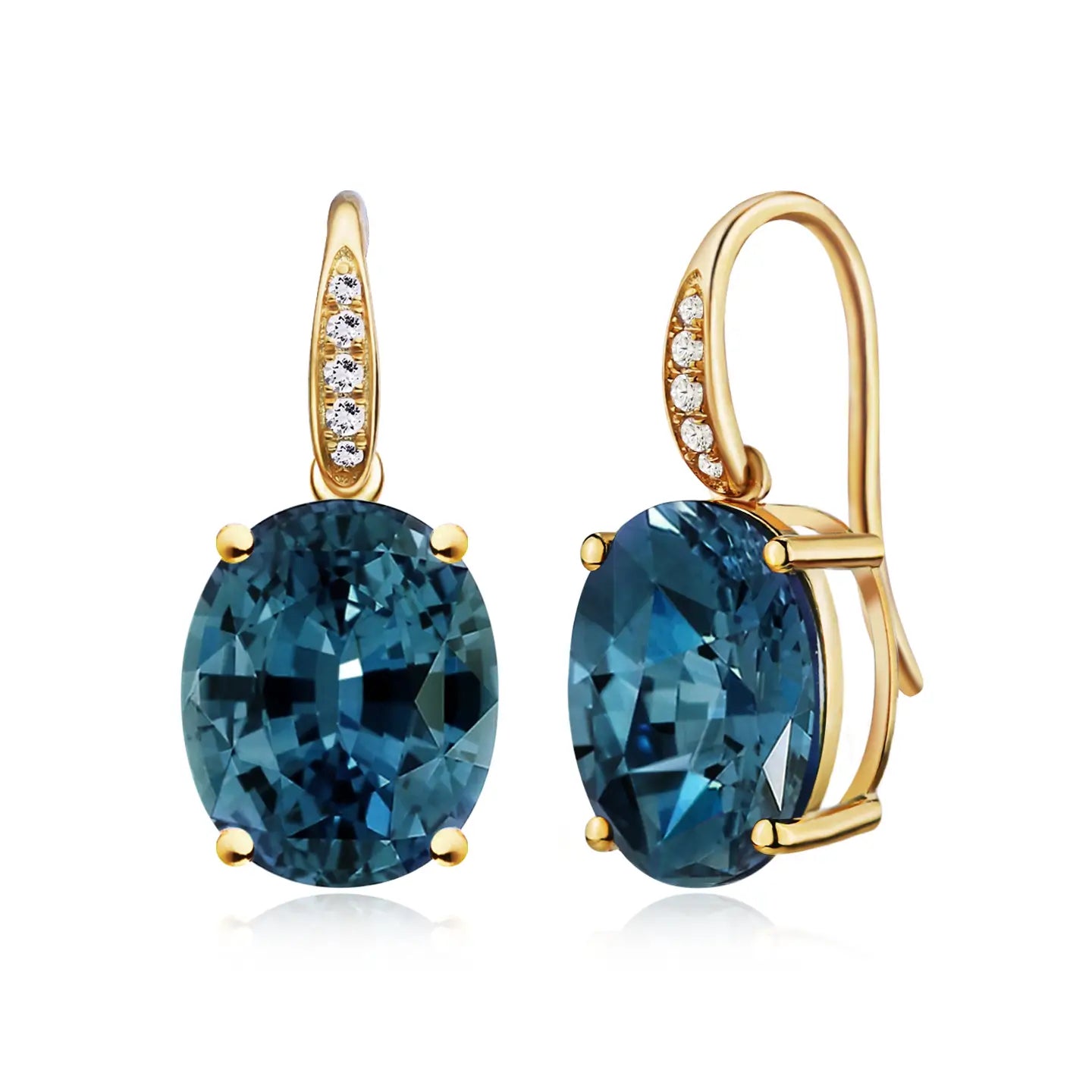 Radiant Natural Oval London Blue Topaz Diamond Drop Earrings in 14k yellow gold