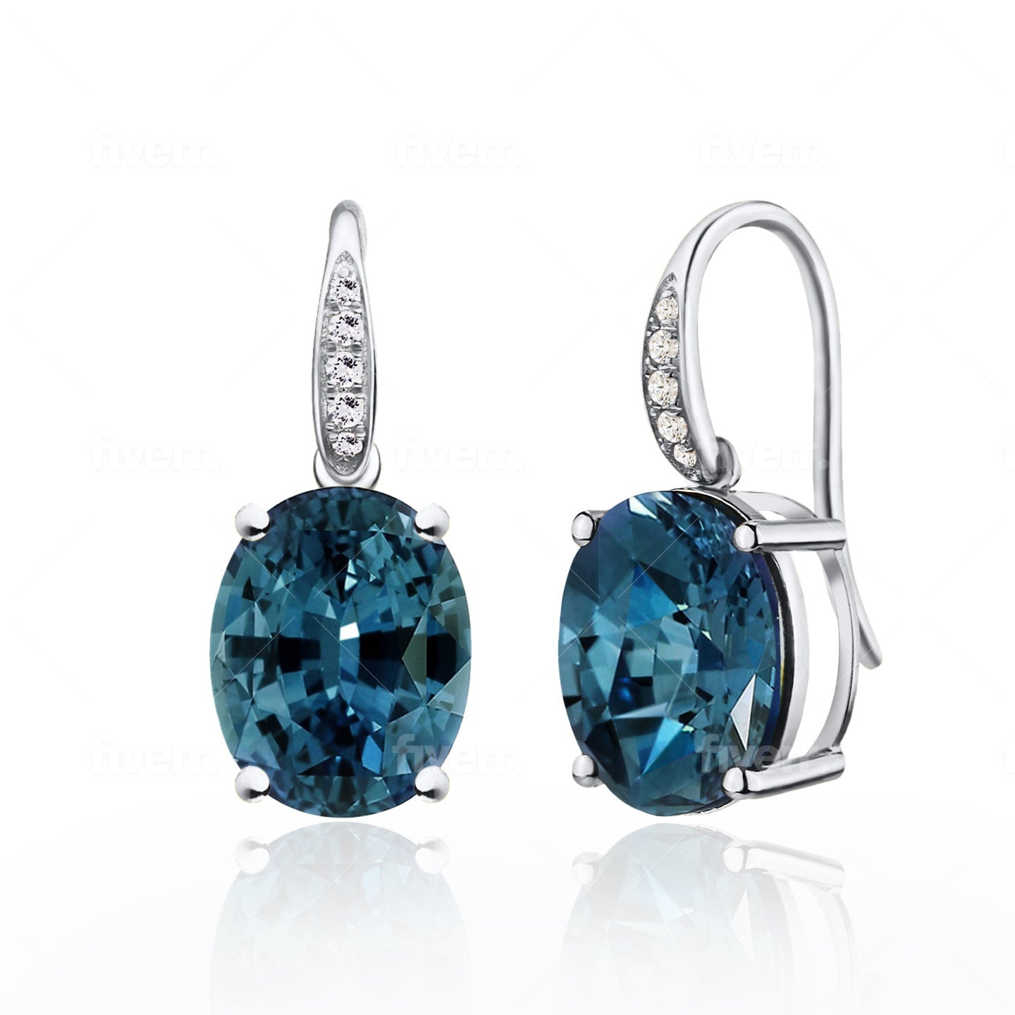 14k white gold or sterling silver natural Oval Topaz Diamond Drop Earrings