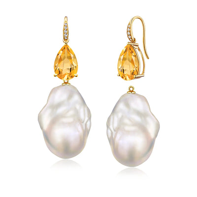 Radiant Natural Pear Citrine Diamond Baroque Pearl Convertible Drop Earrings in 14k yellow gold