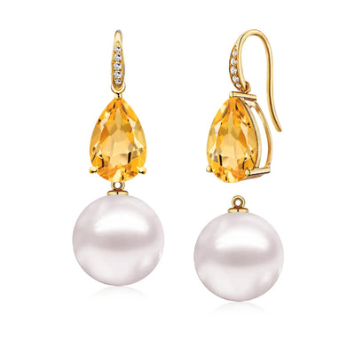 Radiant Natural Pear Citrine Diamond Pearl Convertible Drop Earrings in 14k yellow gold