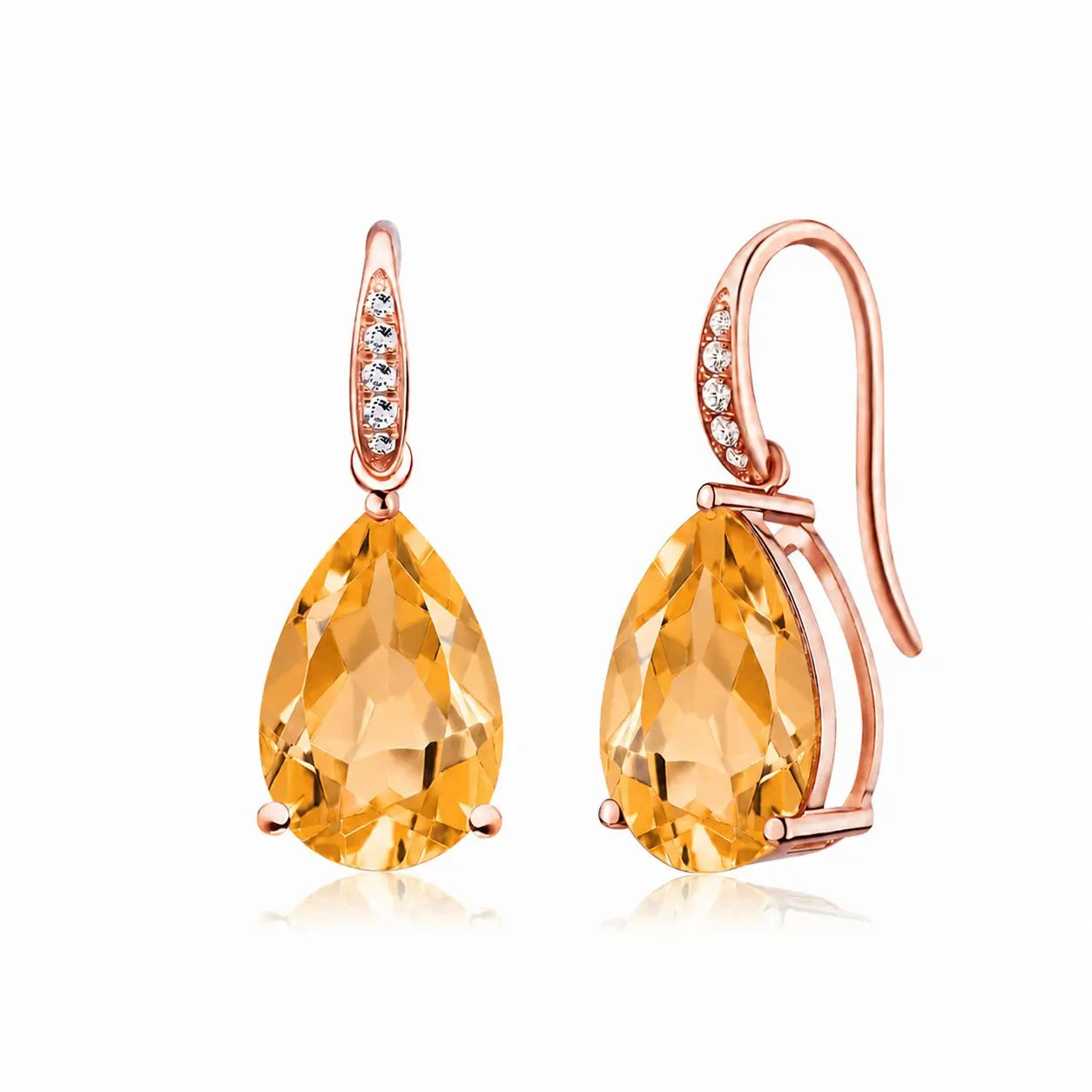 Radiant Natural Pear Citrine Diamond Drop Earrings in 14k rose gold