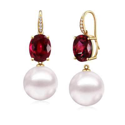 Radiant Oval Garnet Diamond Pearl Convertible Drop Earrings