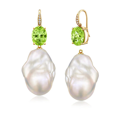Radiant Oval Natural Peridot Diamond Baroque Pearl Convertible Drop Earrings 14k yellow gold