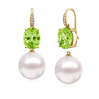 Radiant Oval Natural Peridot Diamond Pearl Convertible Drop Earrings in 14k yellow gold