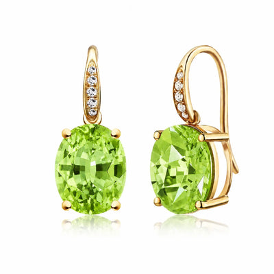 kai fine jewelry Radiant Oval 6.25ctw natural Peridot Diamond Drop Earrings in 14k yellow gold