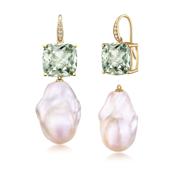 Radiant Prasiolite Green Amethyst Diamond Baroque Pearl Convertible Drop Earrings