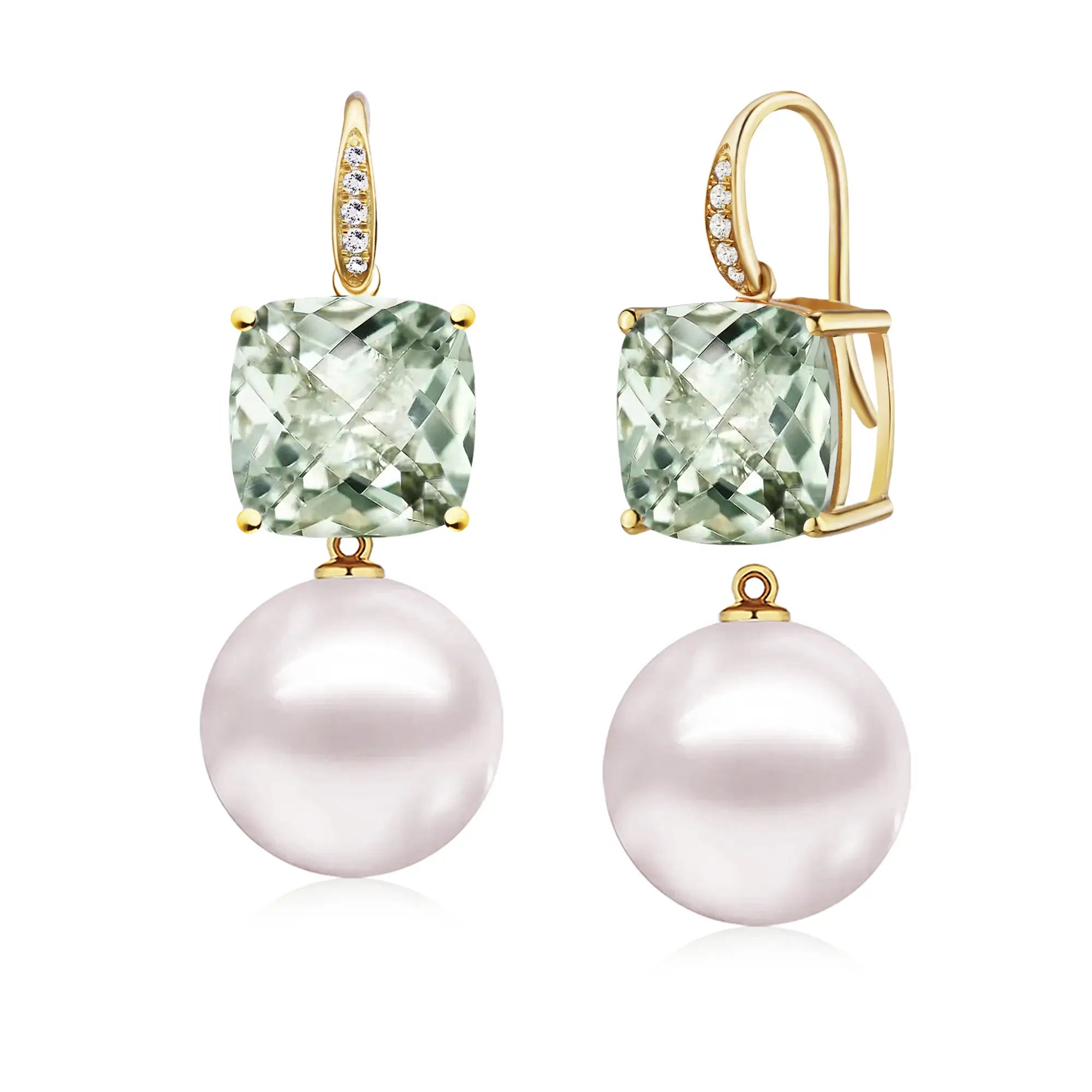 Radiant Prasiolite Green Amethyst Diamond Pearl Convertible Drop Earrings