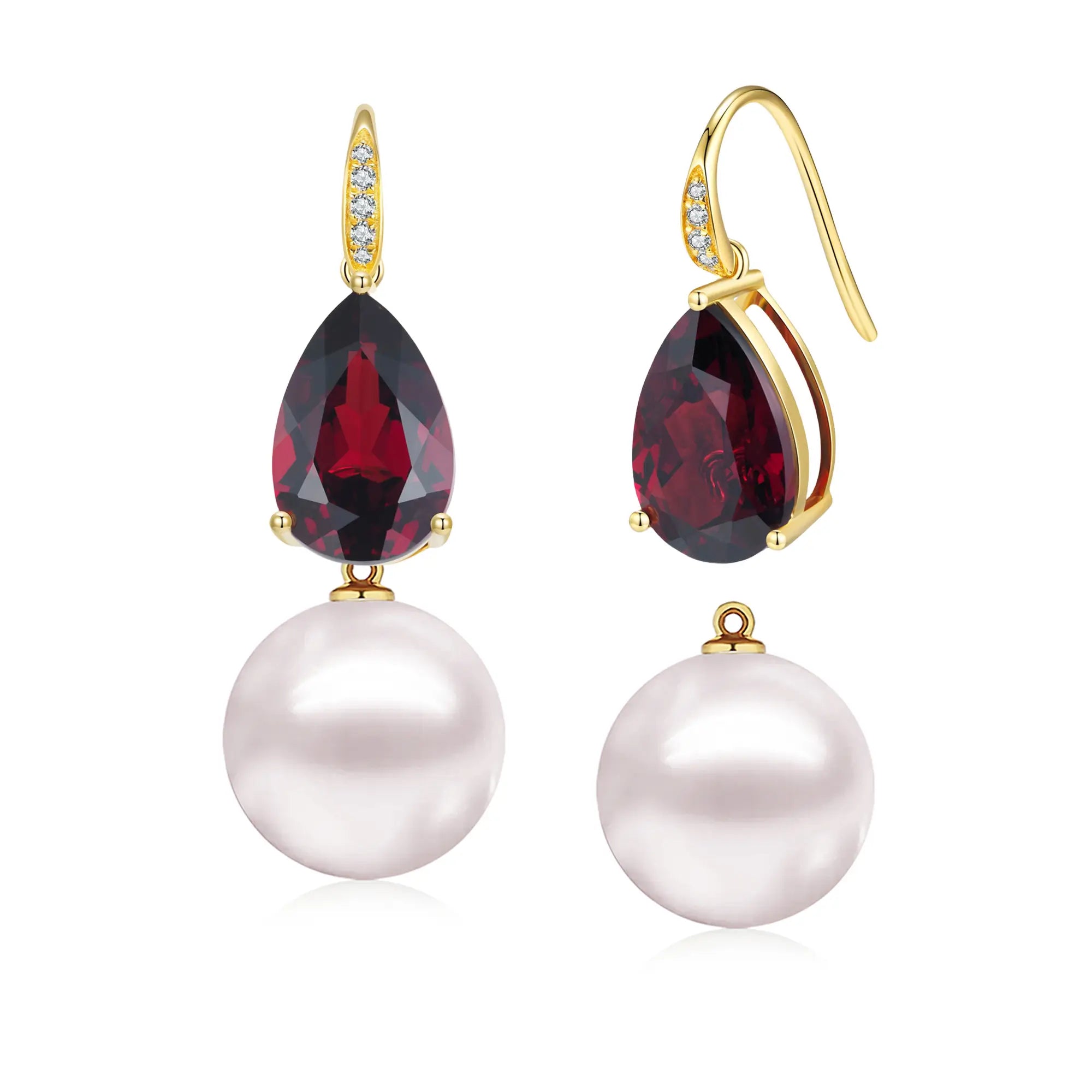 Radiant Pear Natural Garnet Diamond Pearl Convertible Drop Earrings 14k yellow gold