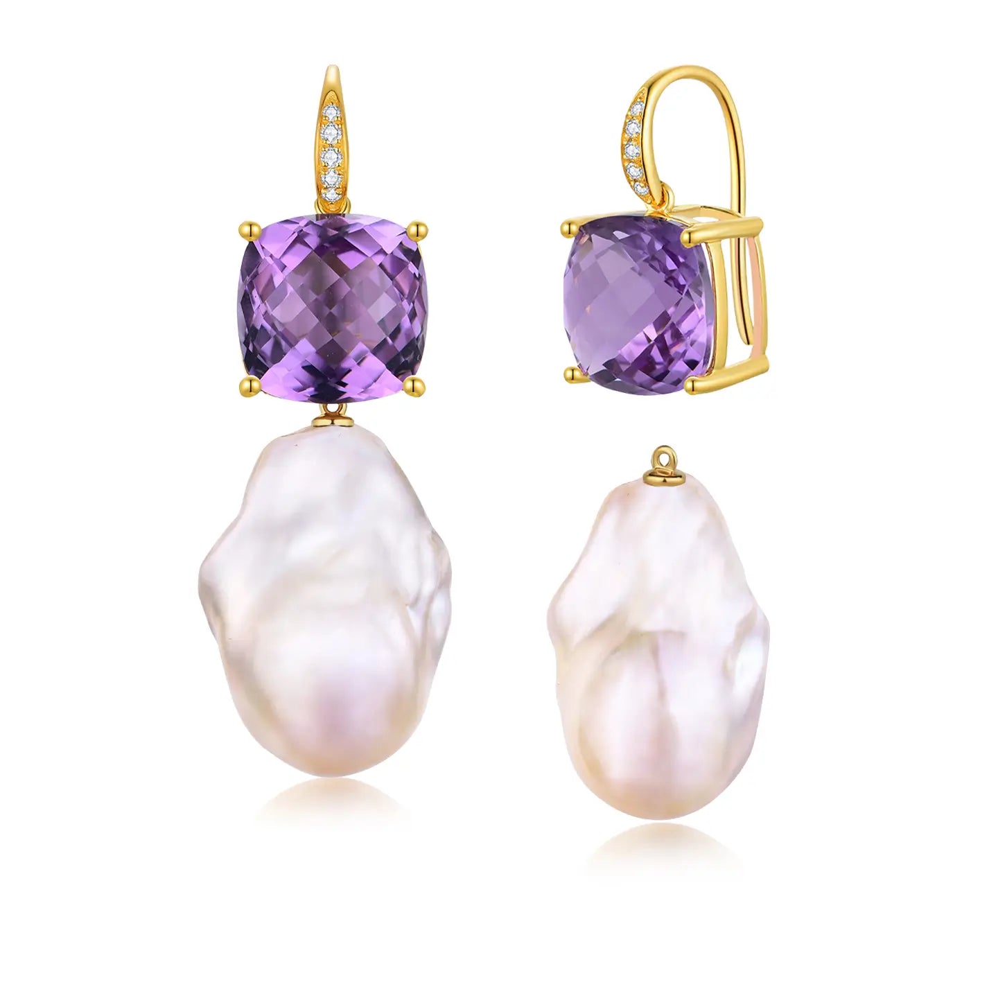 Radiant Cushion Amethyst Diamond Baroque Pearl Convertible Drop Earrings